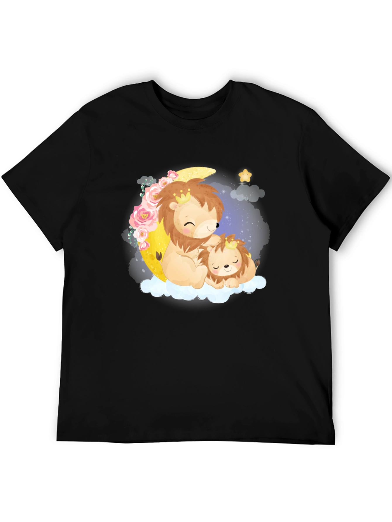 Cute Lion & Cub on Moon Black T-Shirt