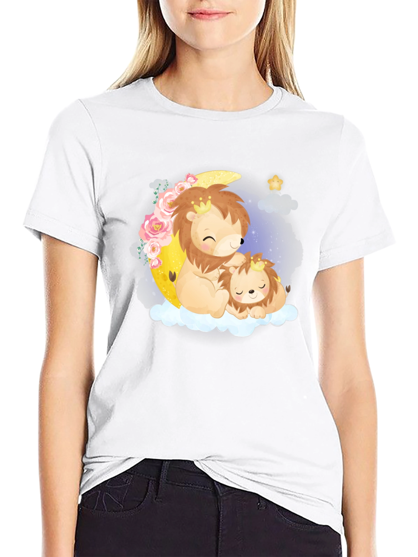 Cute Lion & Cub on Moon Black T-Shirt