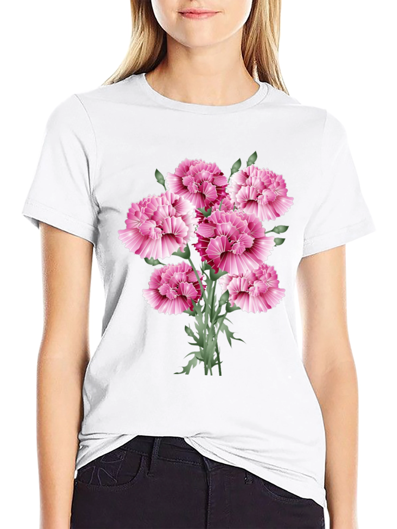 Floral Carnation Graphic Print Black T-Shirt