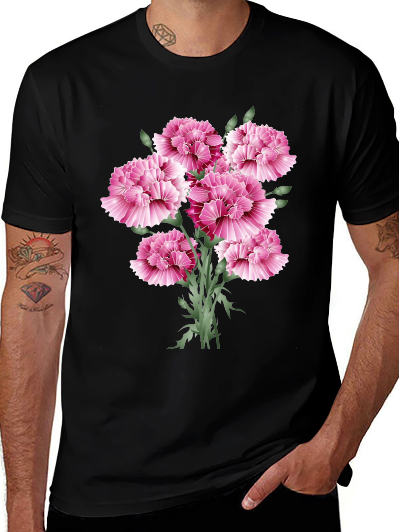 Floral Carnation Graphic Print Black T-Shirt