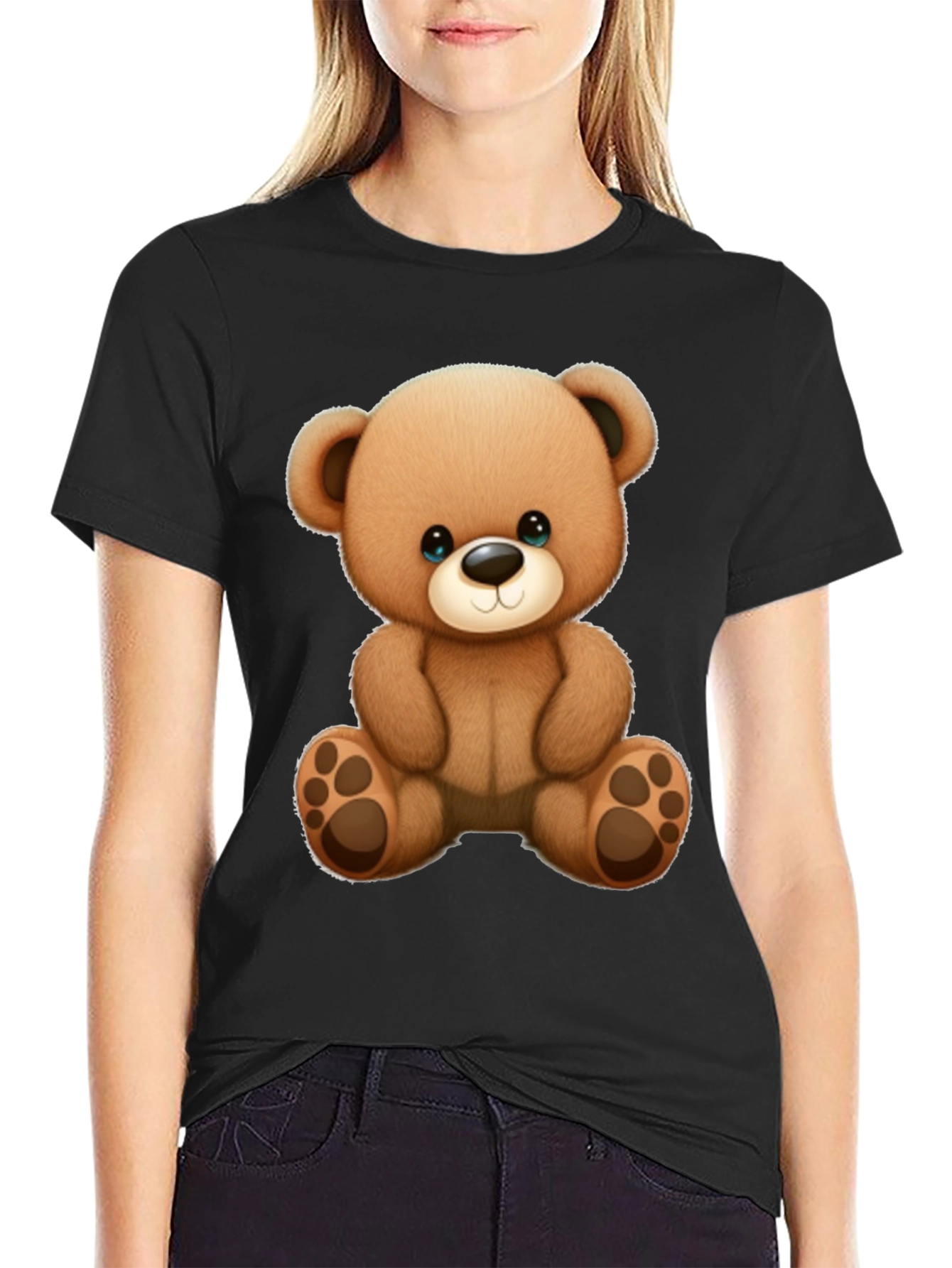 Cute Teddy Bear Graphic Black T-Shirt