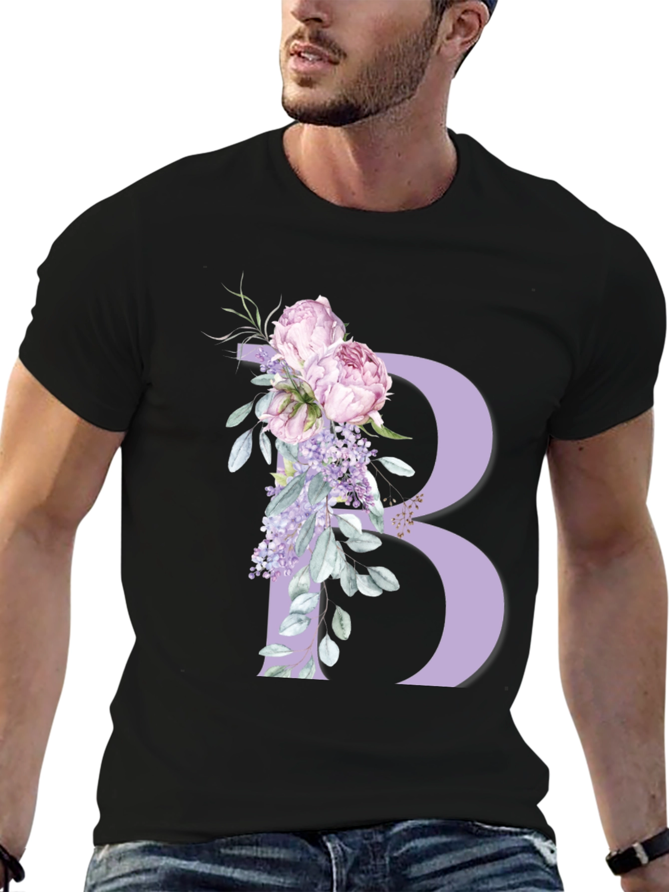 Floral Letter B Black T-Shirt