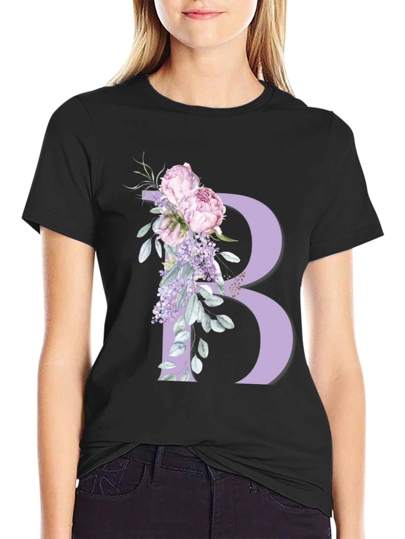 Floral Letter B Black T-Shirt
