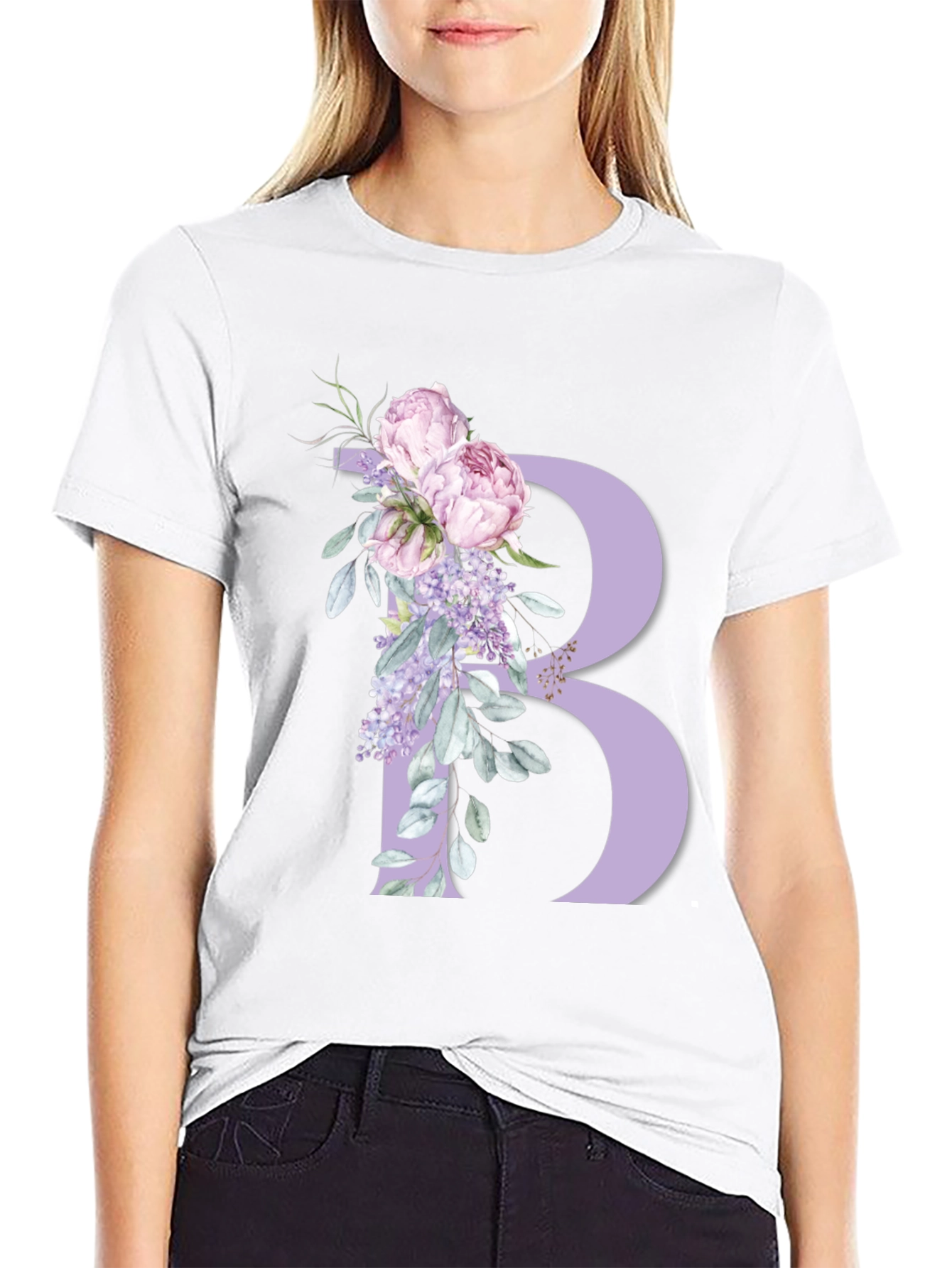 Floral Letter B Black T-Shirt