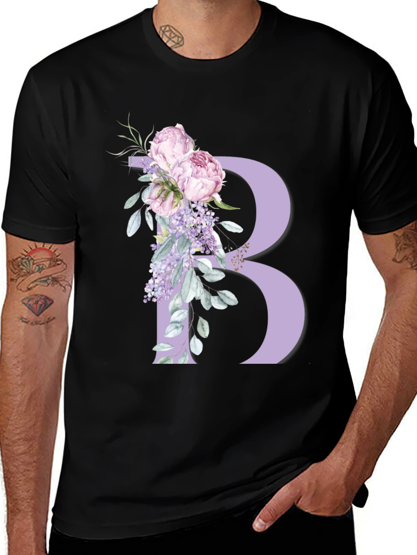 Floral Letter B Black T-Shirt