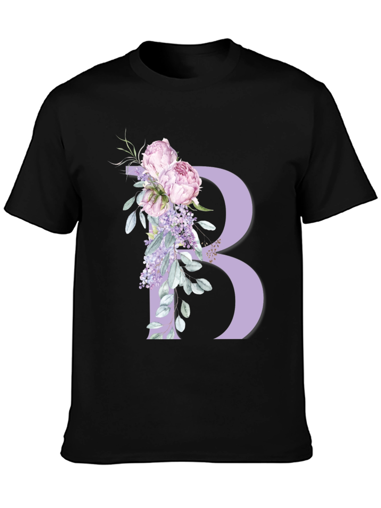 Floral Letter B Black T-Shirt