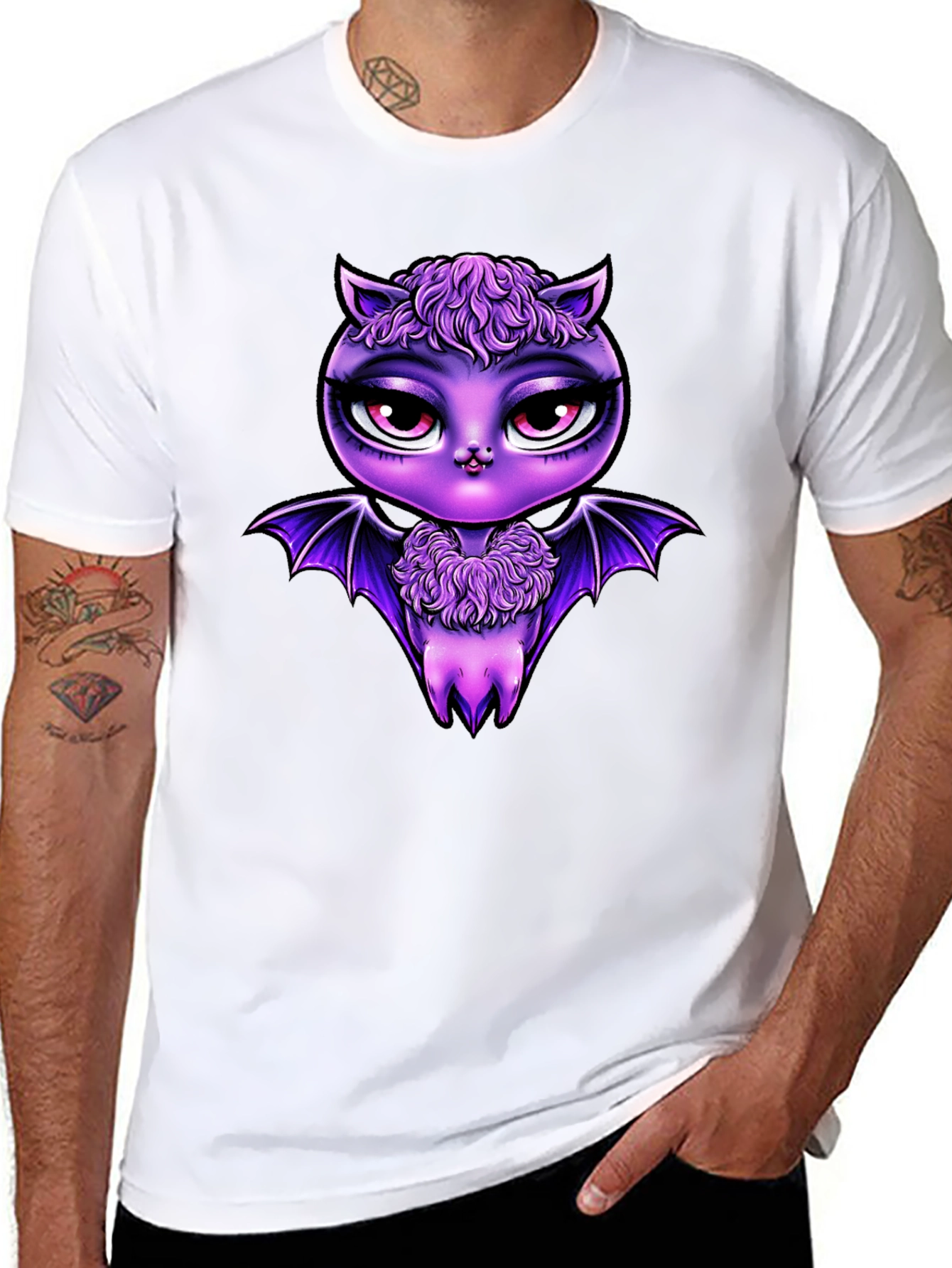Cute Purple Bat Graphic Tee - Mens Black T-Shirt