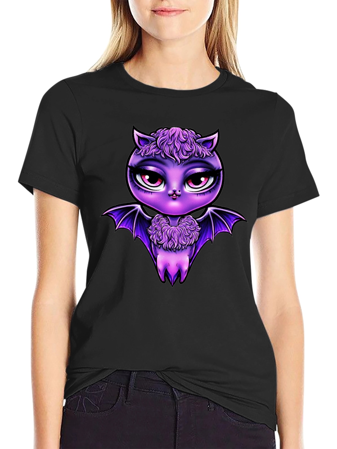 Cute Purple Bat Graphic Tee - Mens Black T-Shirt