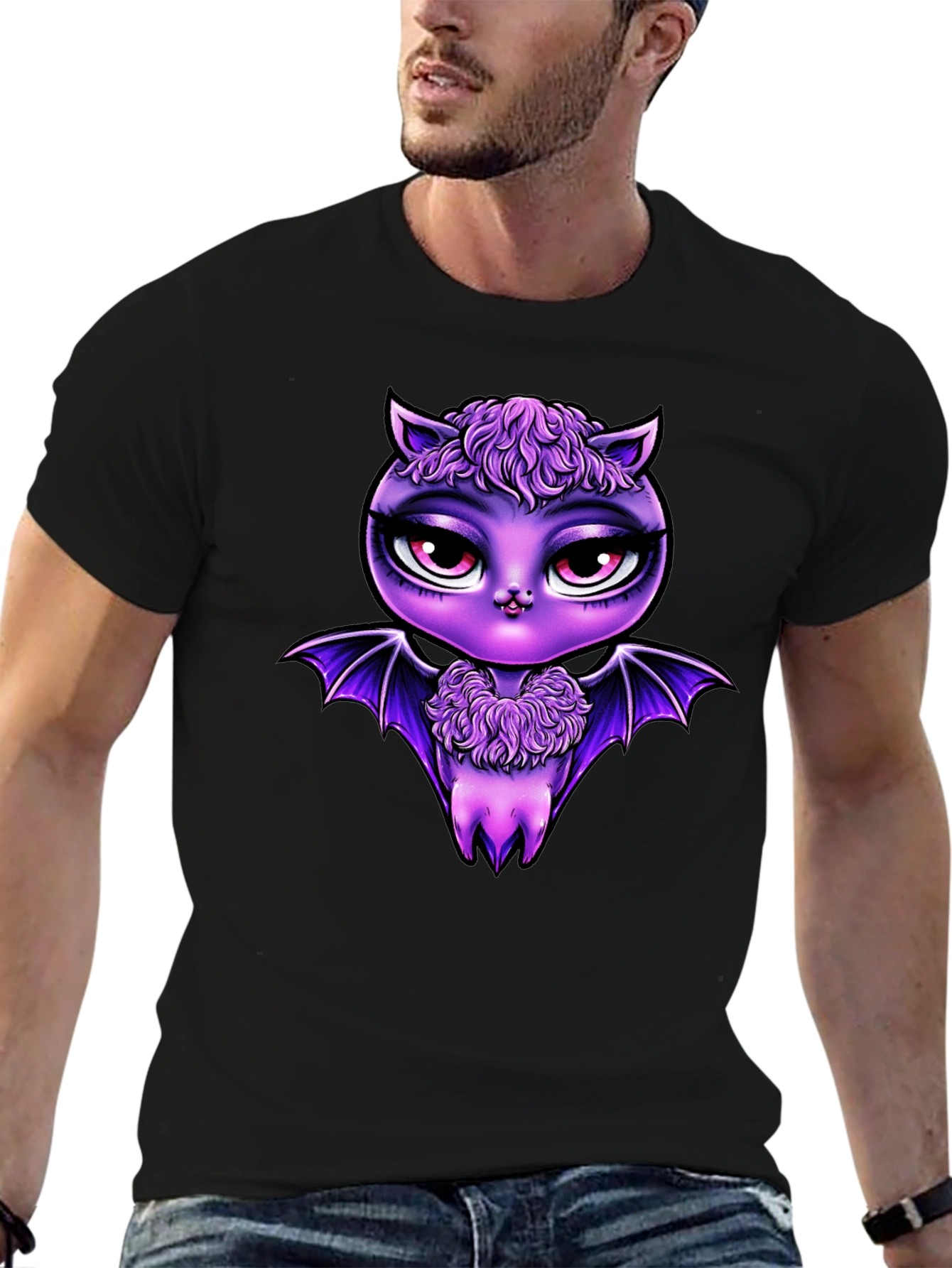 Cute Purple Bat Graphic Tee - Mens Black T-Shirt