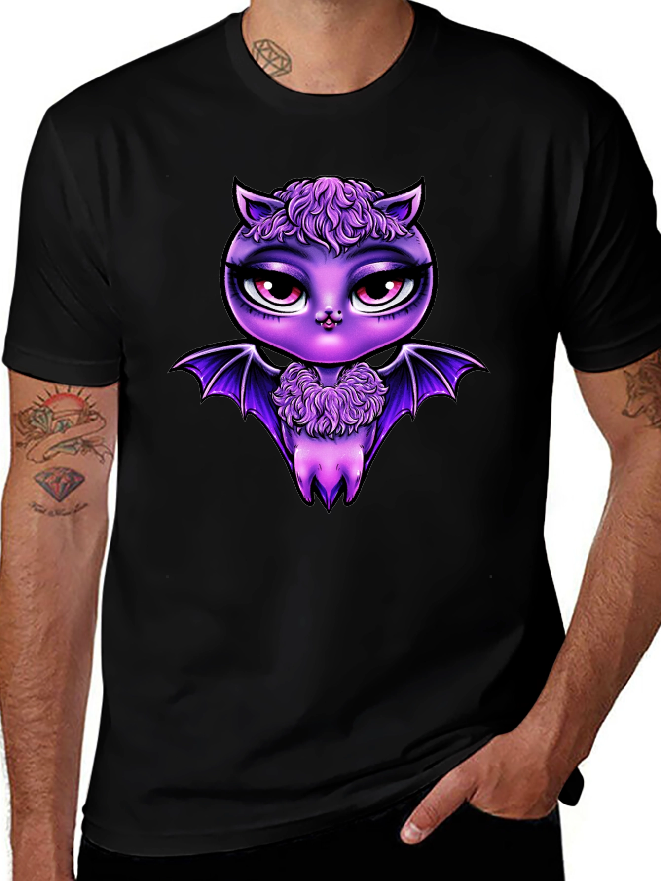 Cute Purple Bat Graphic Tee - Mens Black T-Shirt