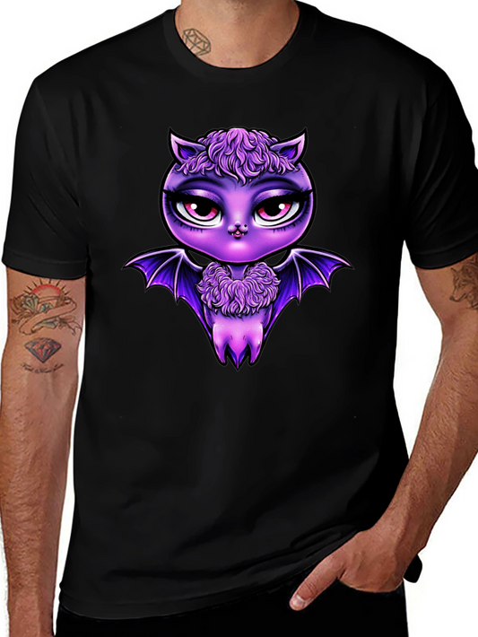 Cute Purple Bat Graphic Tee - Mens Black T-Shirt
