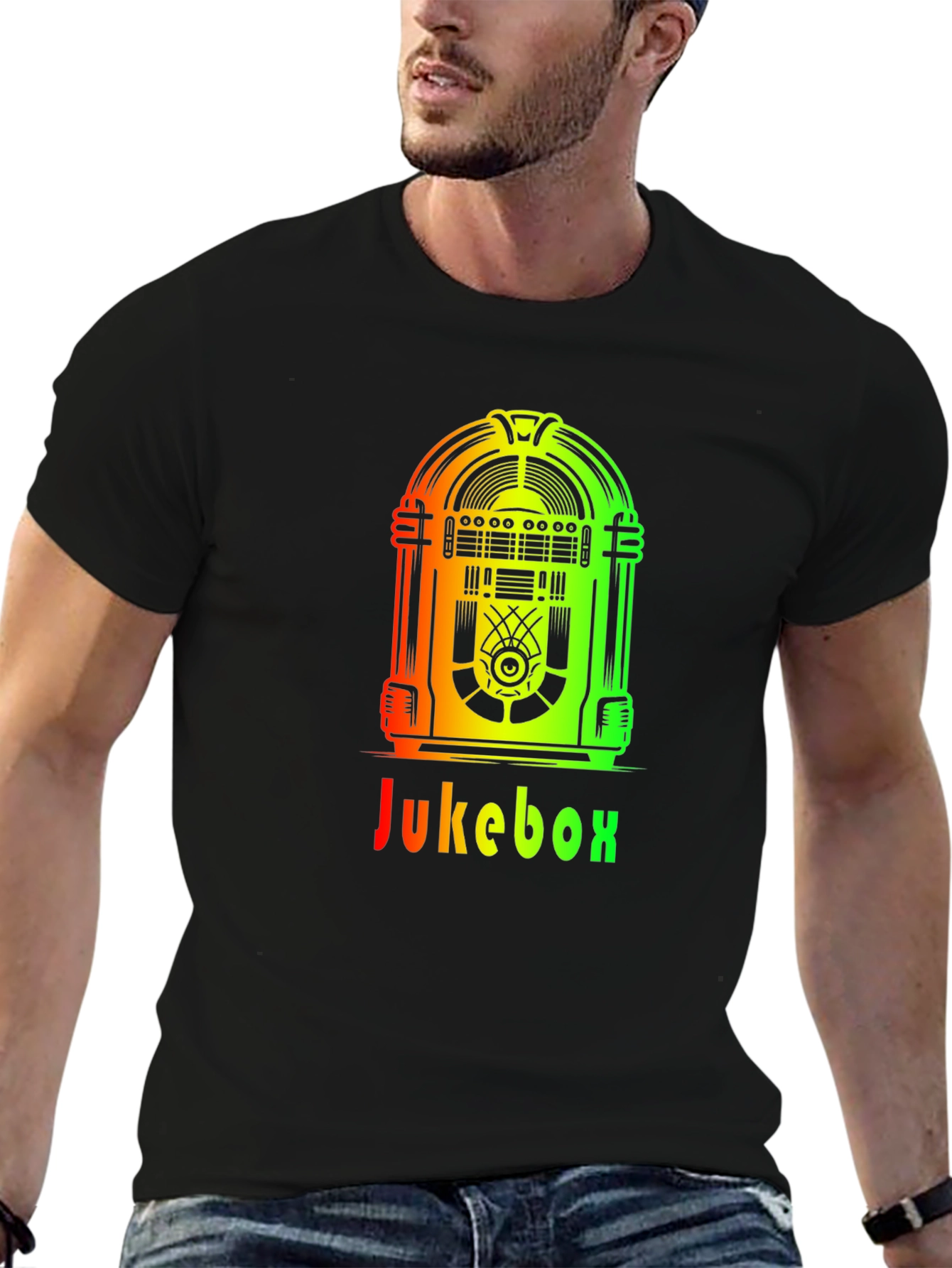 Retro Jukebox Graphic Tee - Black Cotton T-Shirt