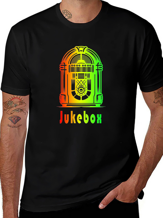 Retro Jukebox Graphic Tee - Black Cotton T-Shirt
