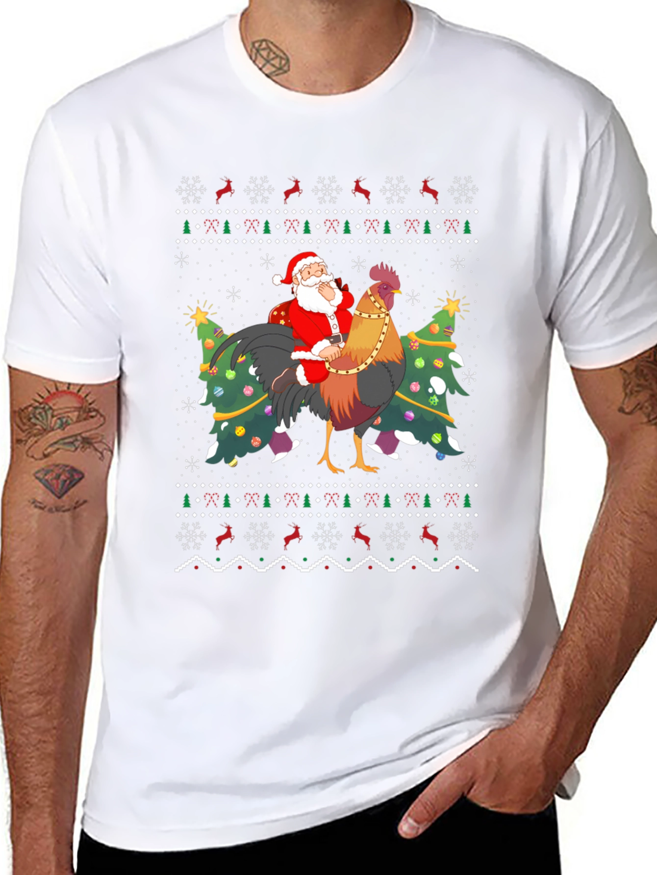 Santa Riding Rooster Ugly Christmas T-Shirt
