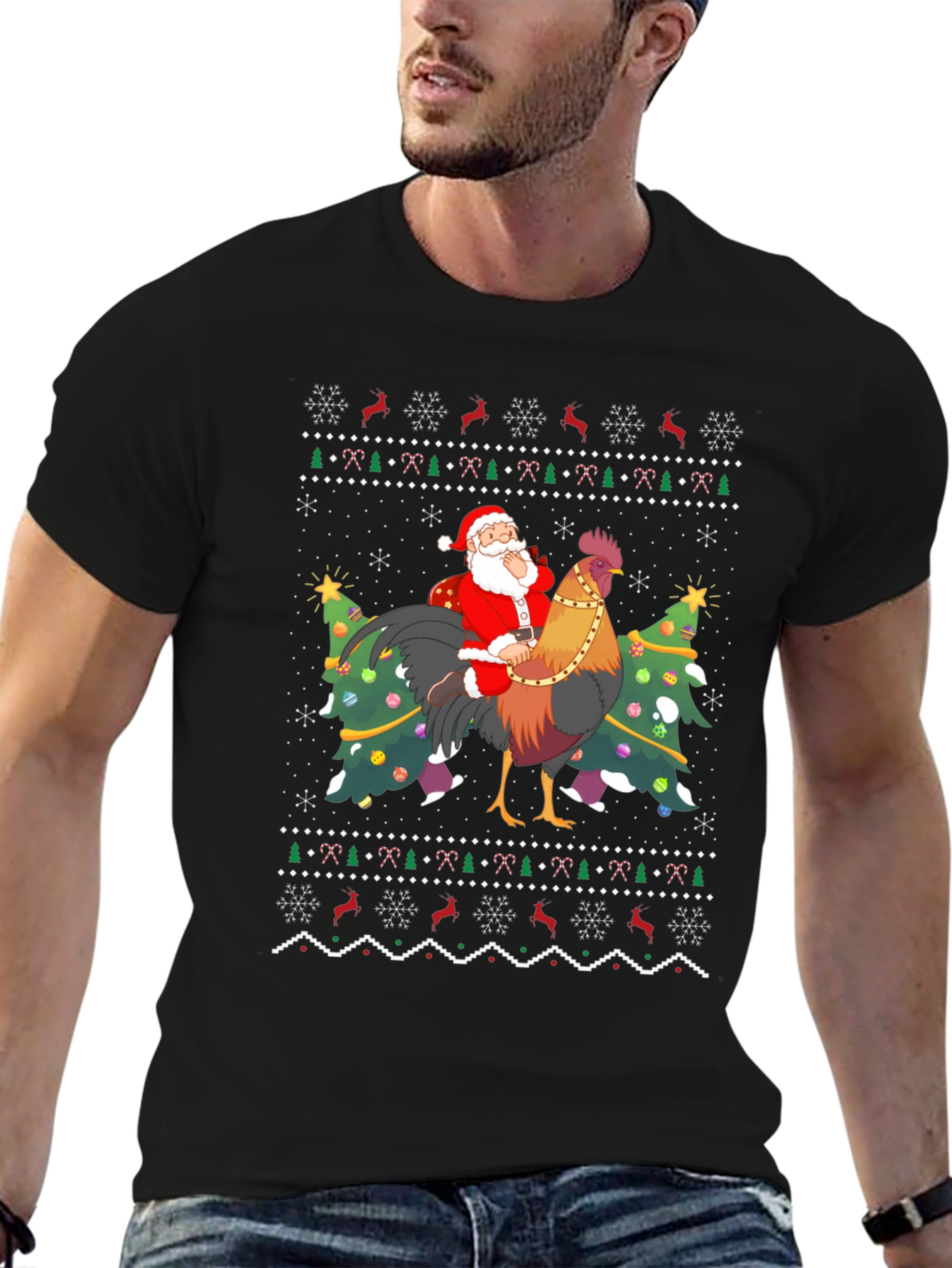 Santa Riding Rooster Ugly Christmas T-Shirt