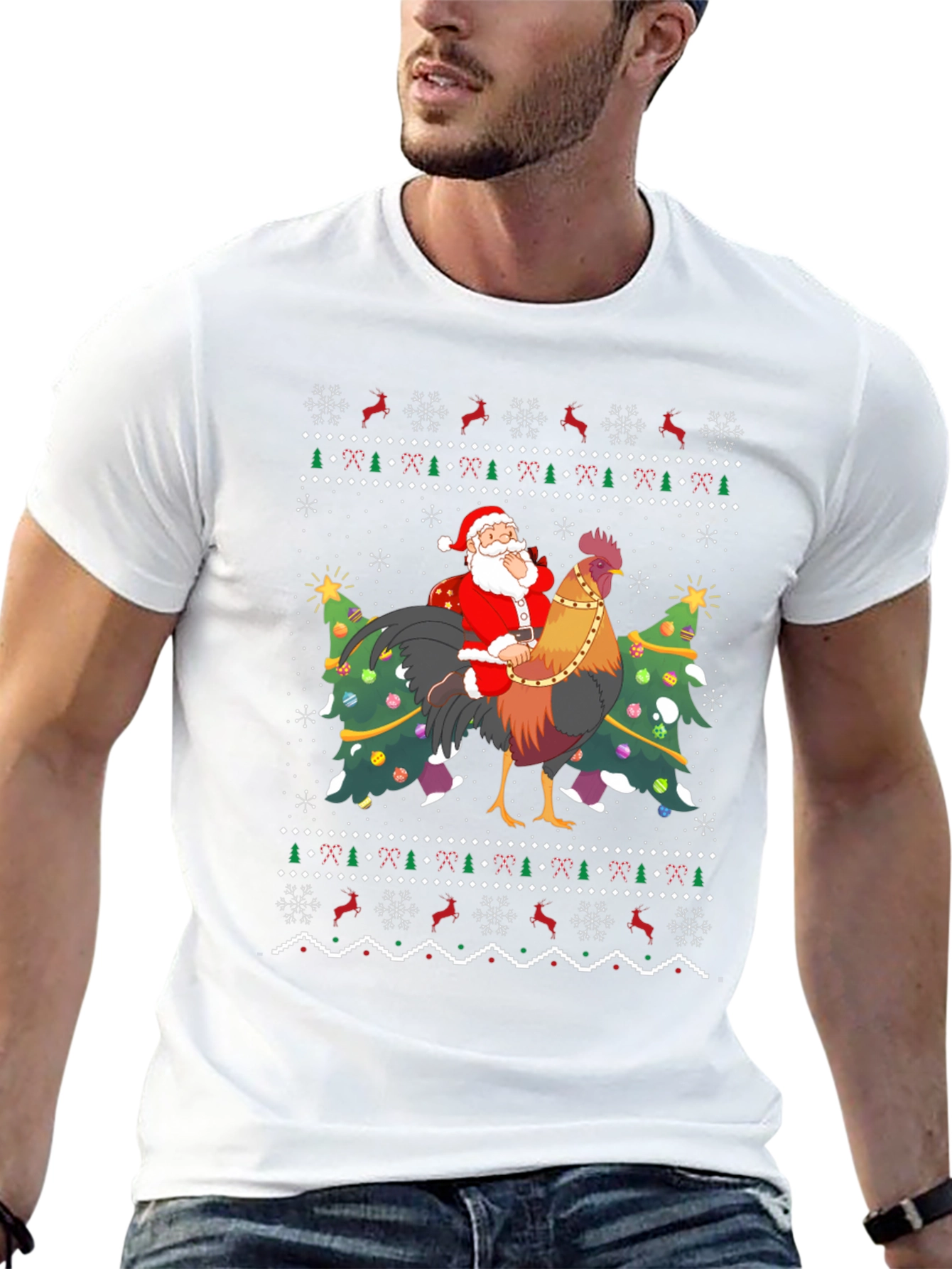Santa Riding Rooster Ugly Christmas T-Shirt
