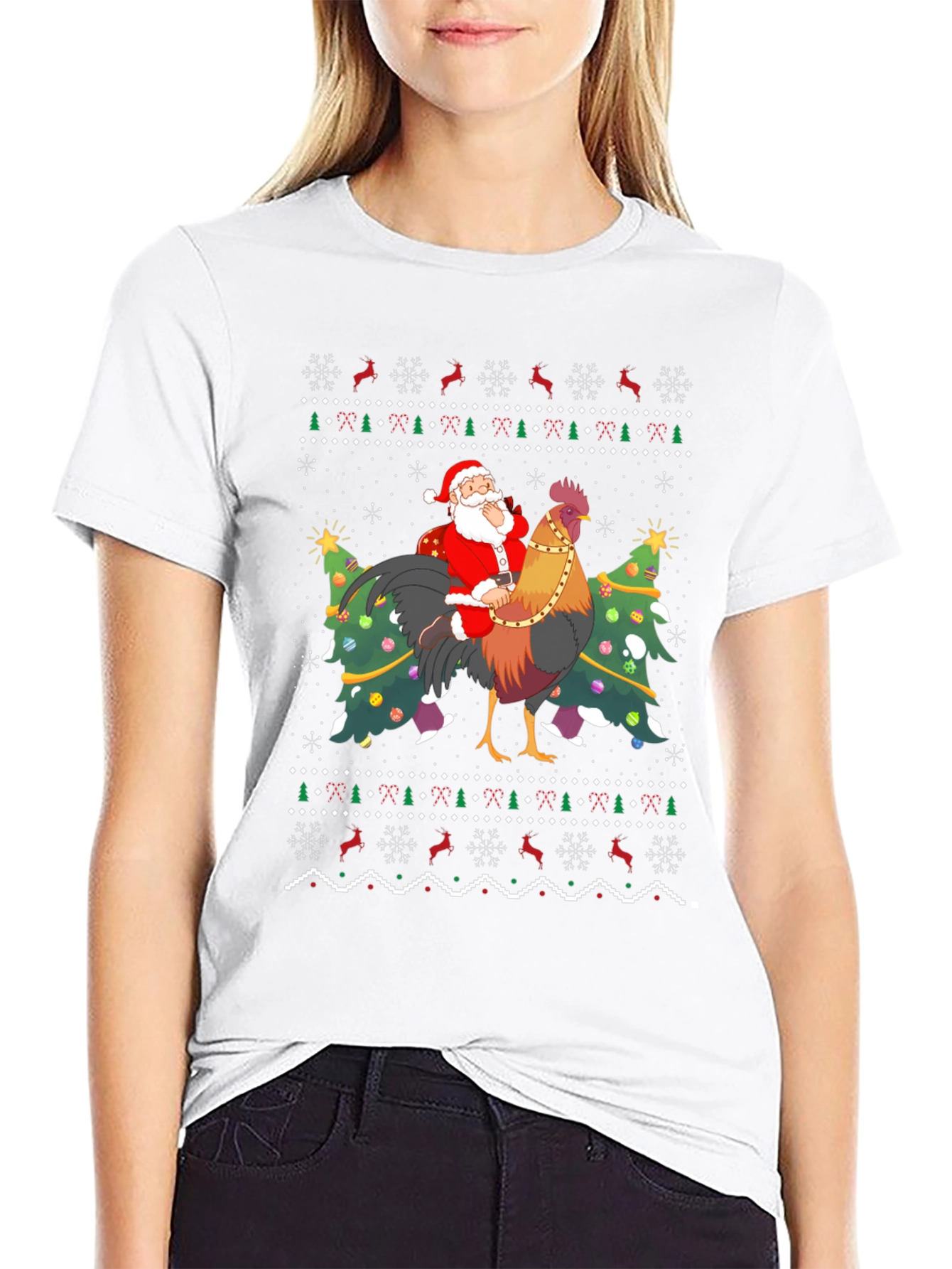 Santa Riding Rooster Ugly Christmas T-Shirt