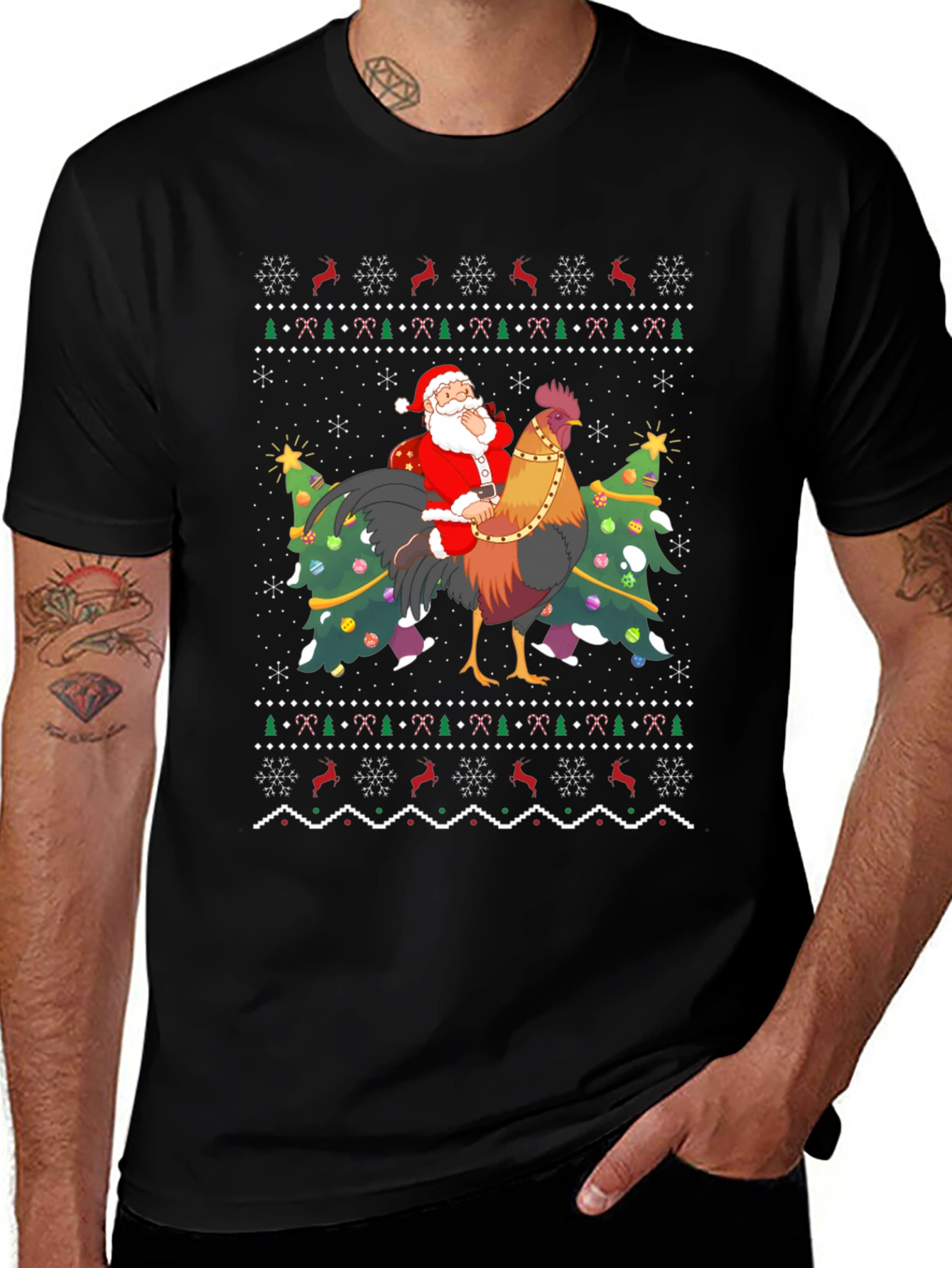 Santa Riding Rooster Ugly Christmas T-Shirt