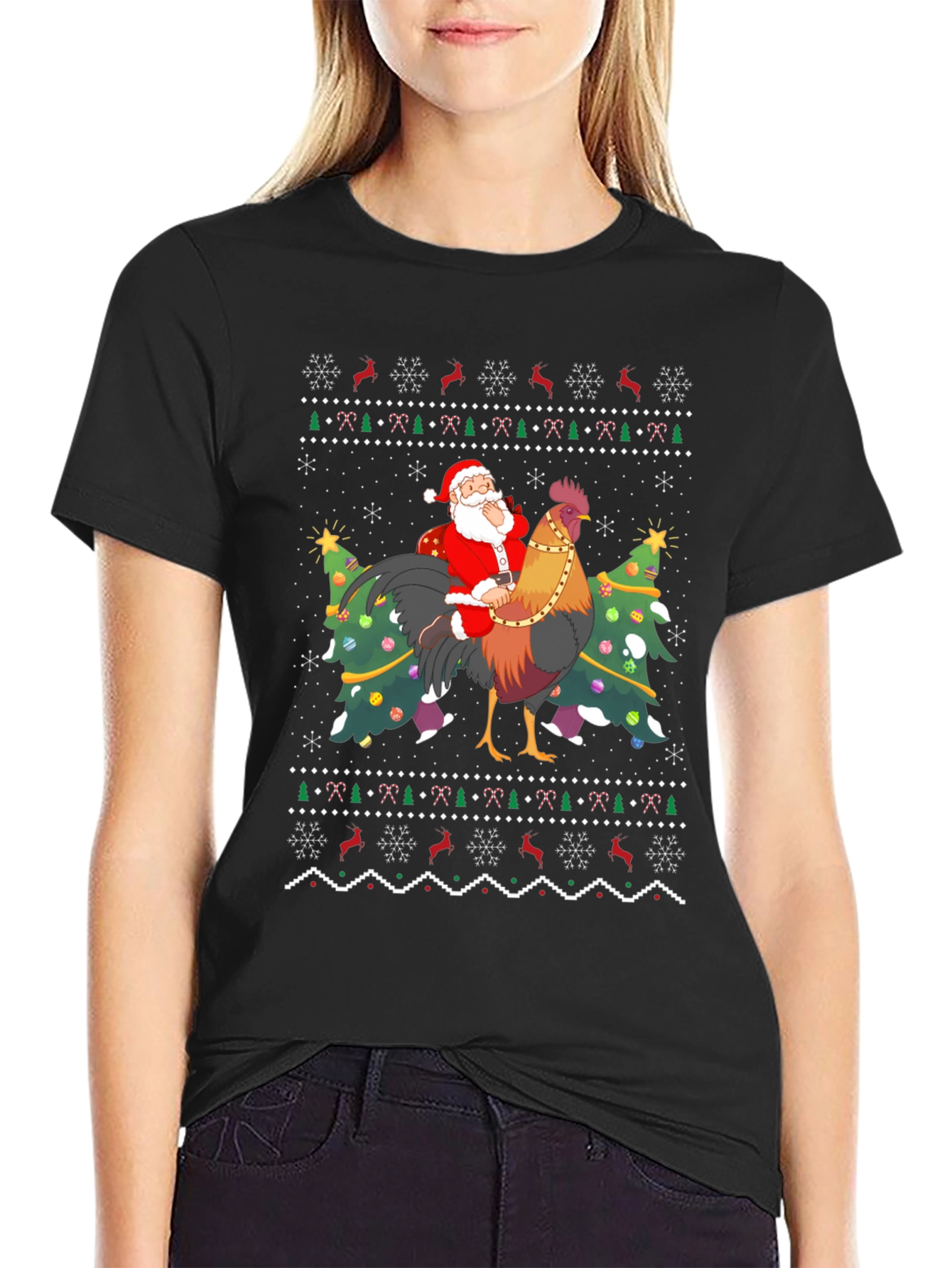 Santa Riding Rooster Ugly Christmas T-Shirt