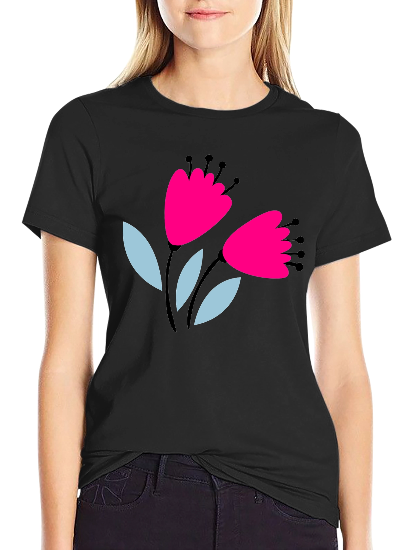 Floral Graphic Tee - Black Cotton T-Shirt
