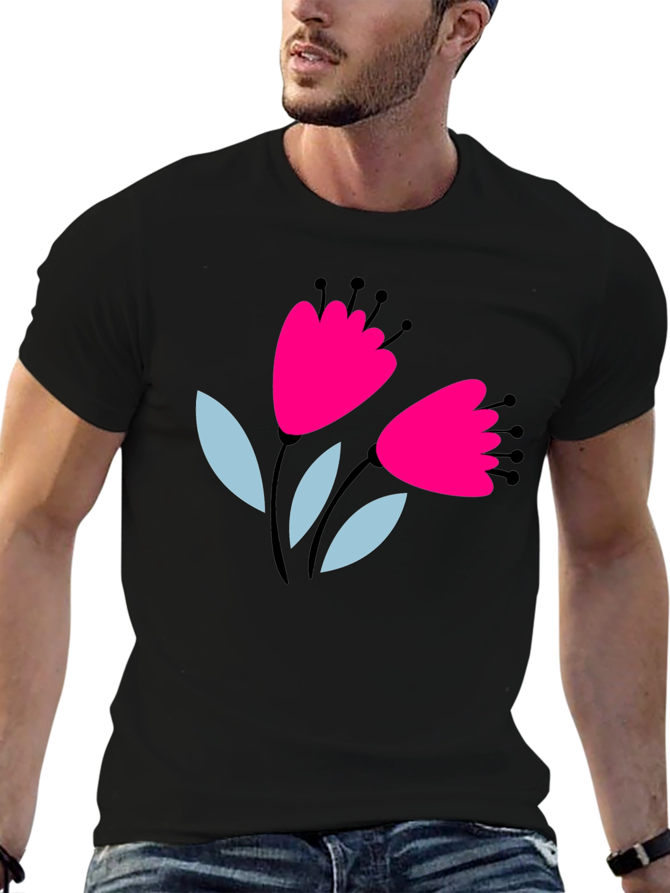 Floral Graphic Tee - Black Cotton T-Shirt
