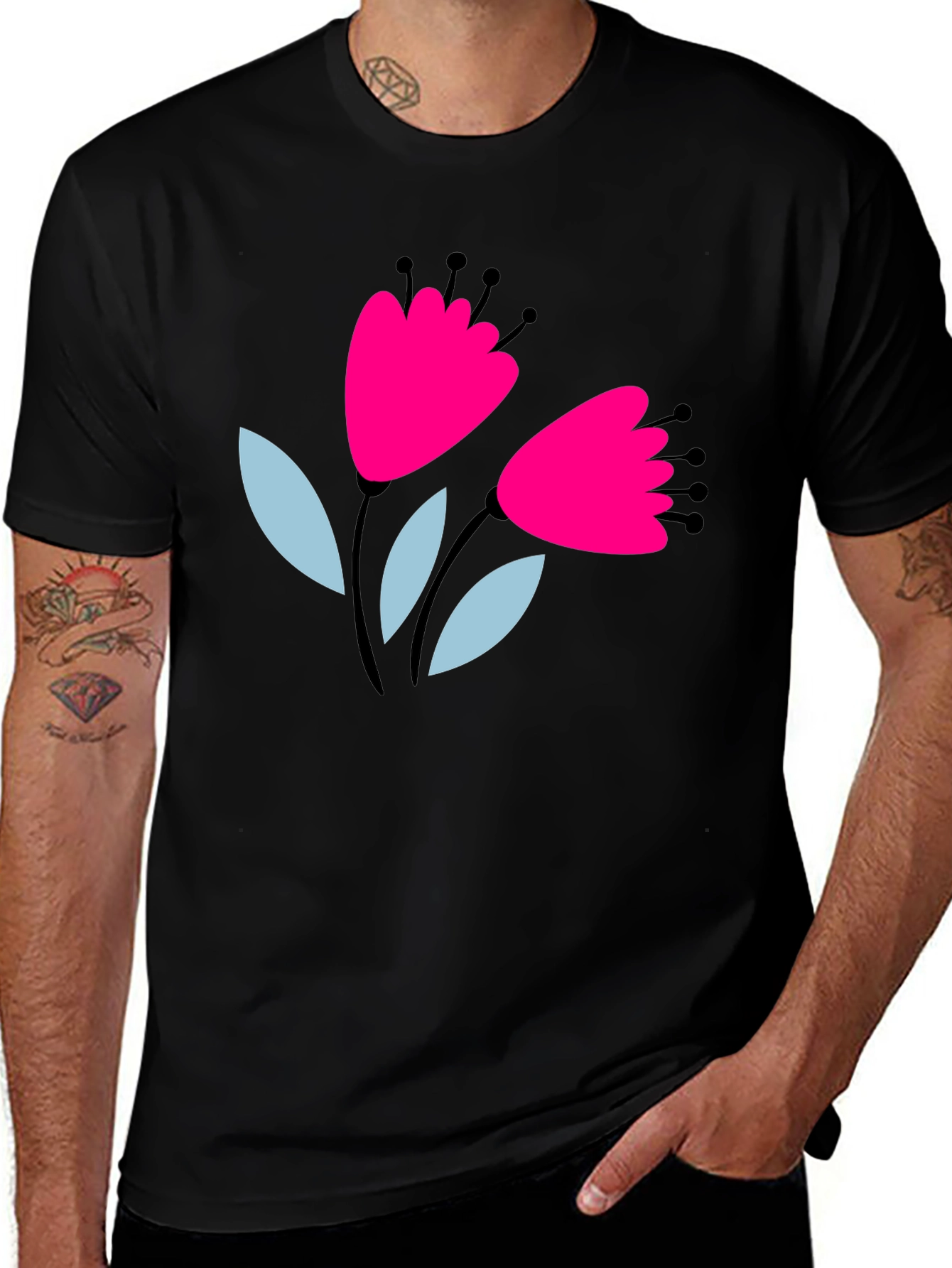 Floral Graphic Tee - Black Cotton T-Shirt