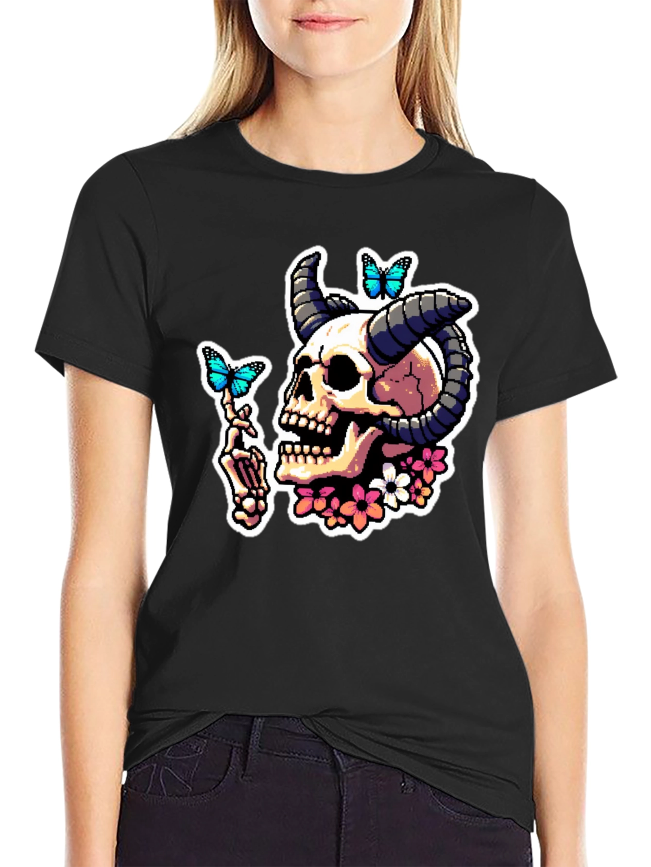 Skull Horns Butterfly Graphic T-Shirt