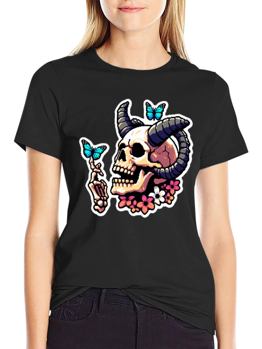 Skull Horns Butterfly Graphic T-Shirt