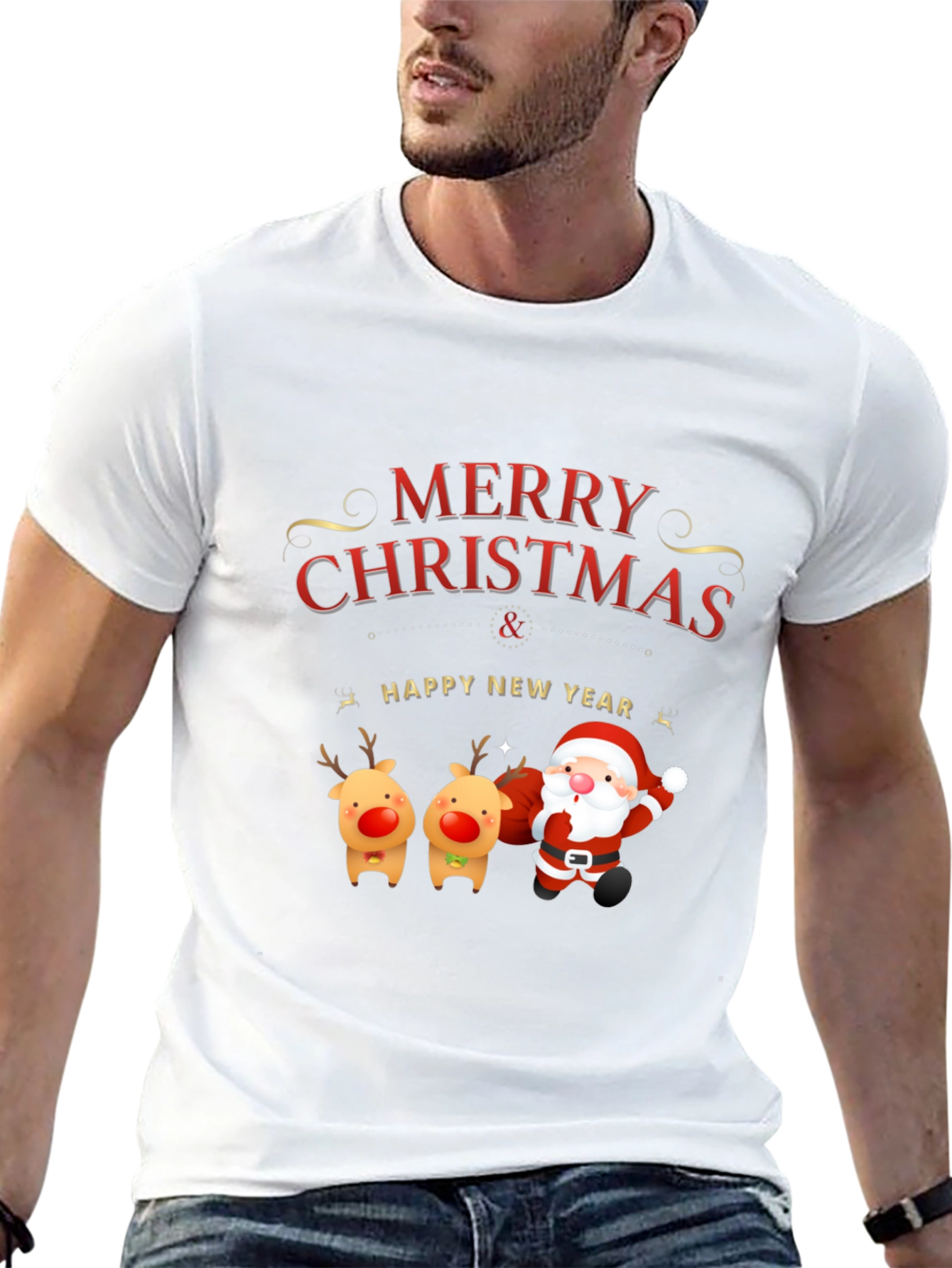 Merry Christmas Santa & Reindeer Graphic Tee