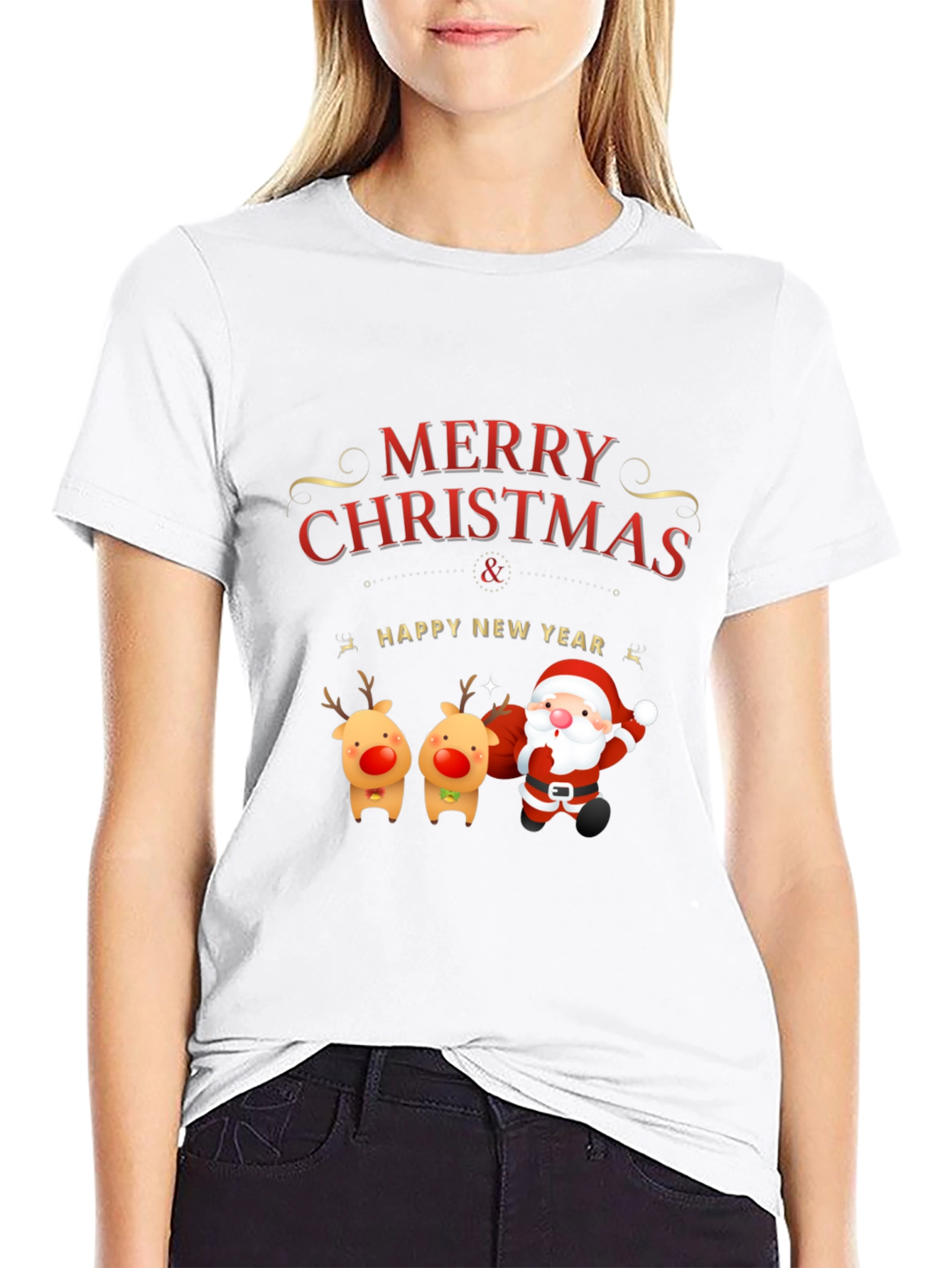 Merry Christmas Santa & Reindeer Graphic Tee