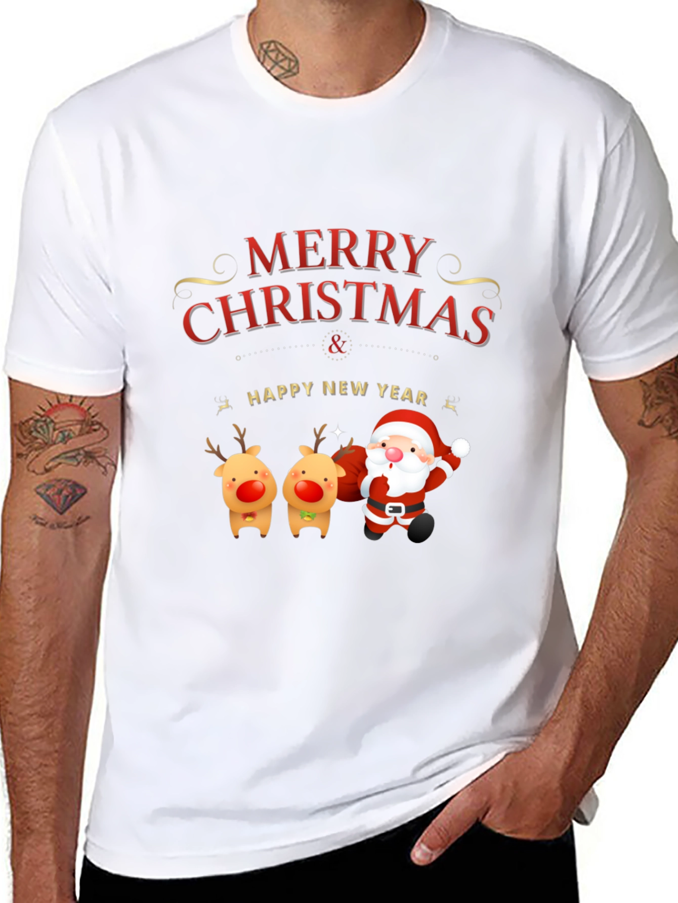 Merry Christmas Santa & Reindeer Graphic Tee