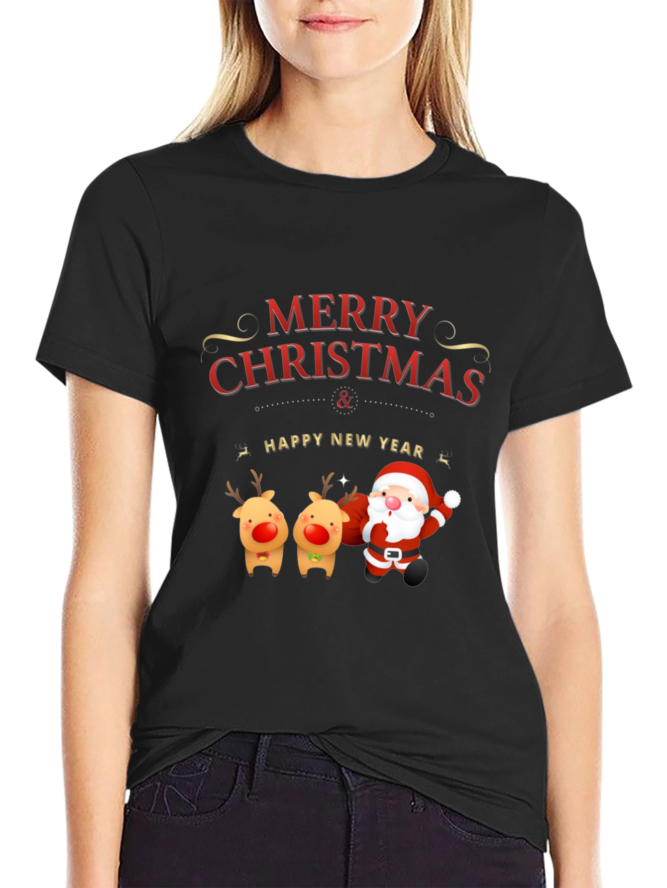 Merry Christmas Santa & Reindeer Graphic Tee