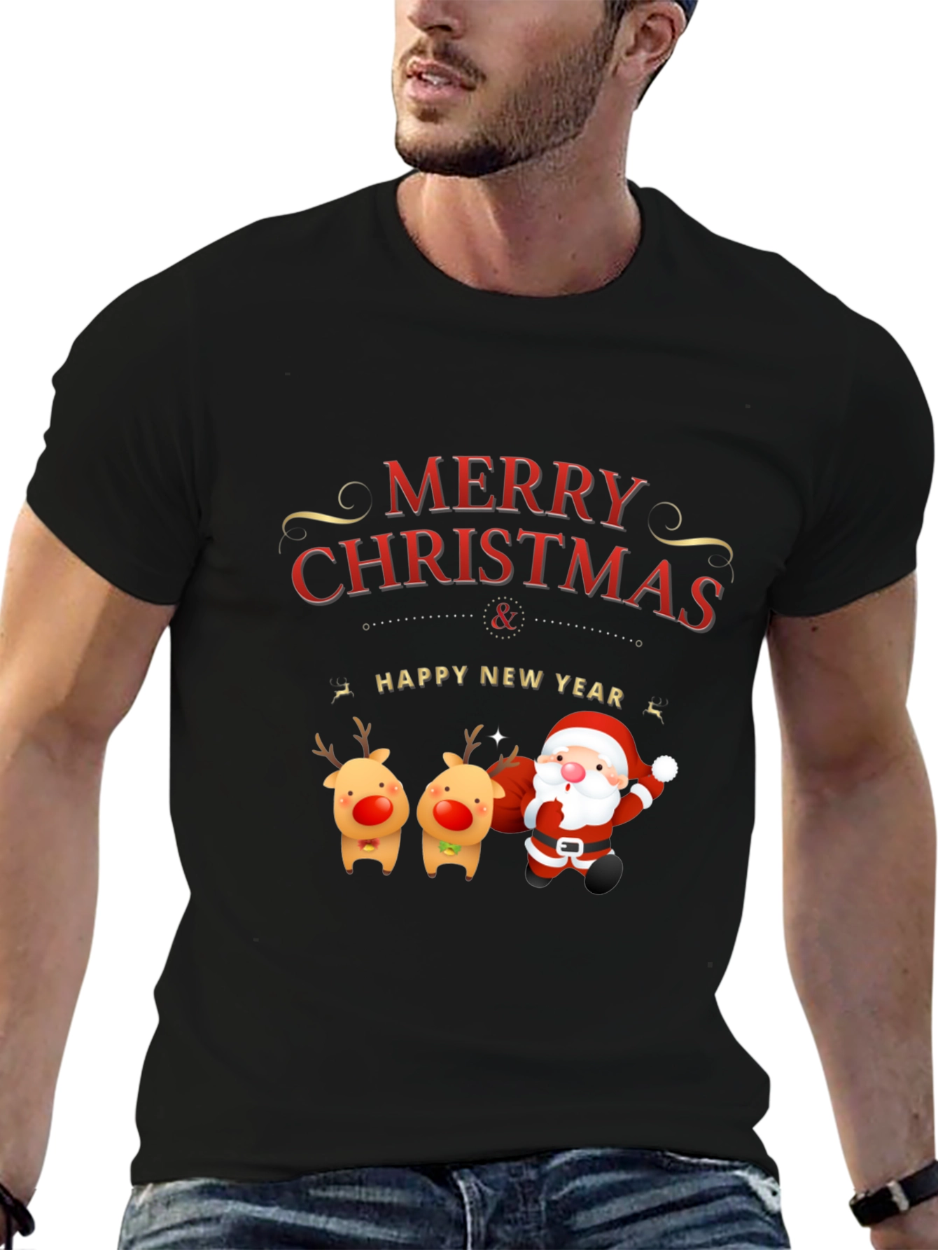Merry Christmas Santa & Reindeer Graphic Tee