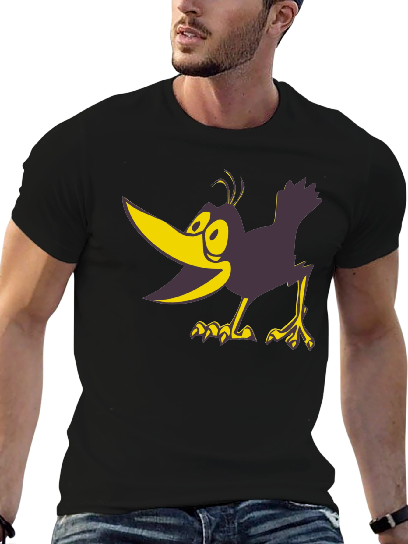 Cartoon Crow Graphic Tee - Bold Black Cotton T-Shirt