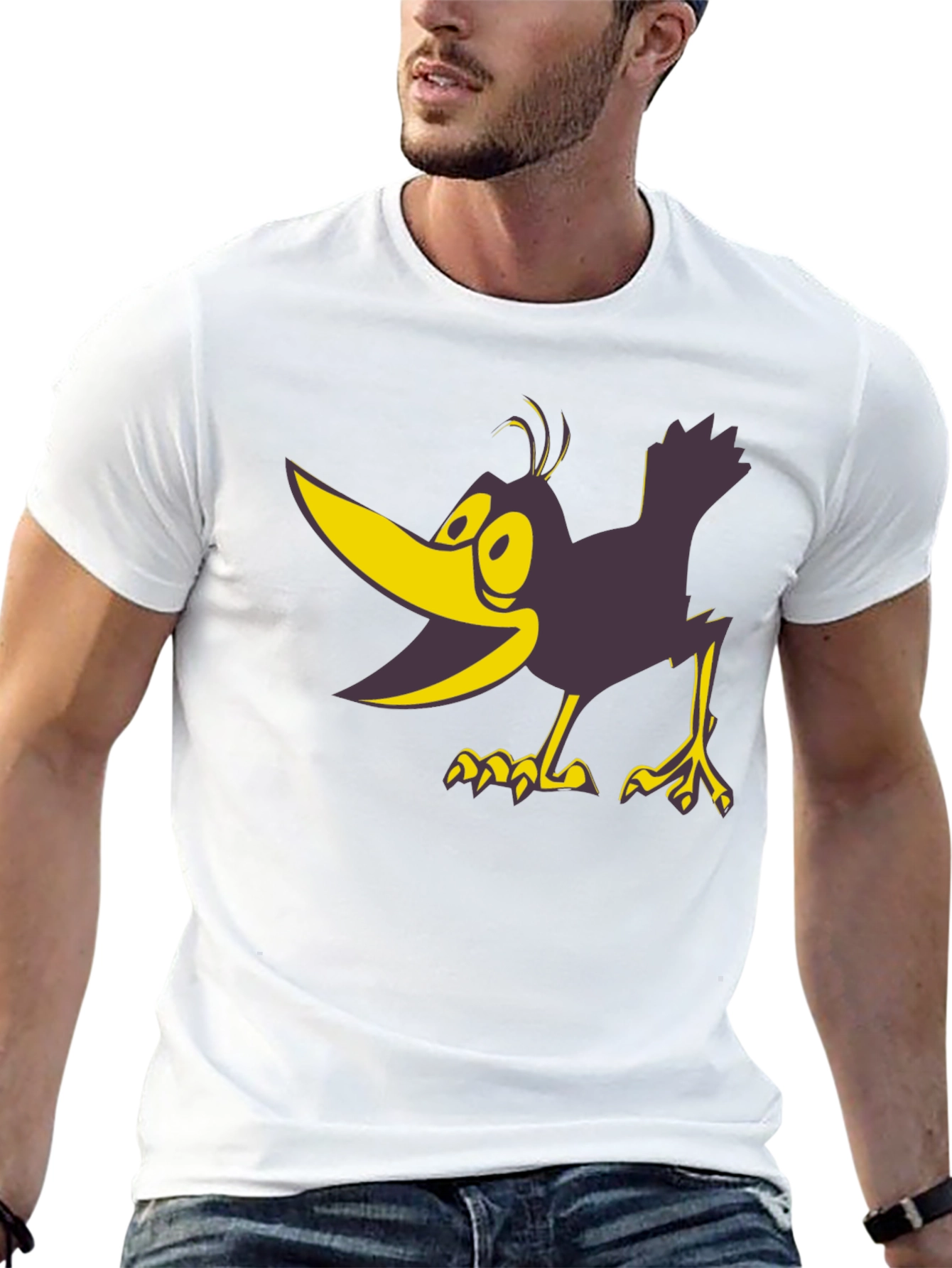 Cartoon Crow Graphic Tee - Bold Black Cotton T-Shirt