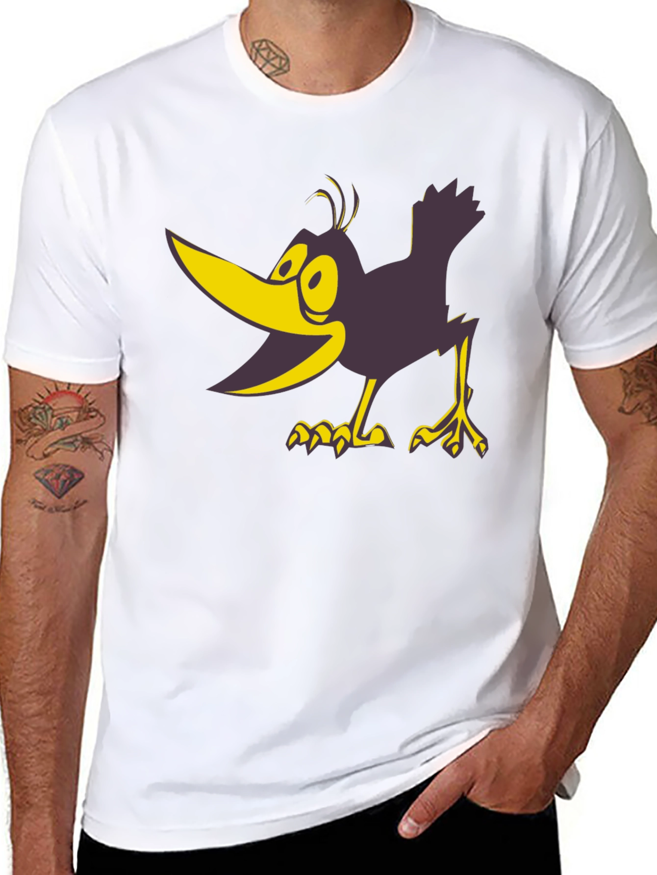 Cartoon Crow Graphic Tee - Bold Black Cotton T-Shirt