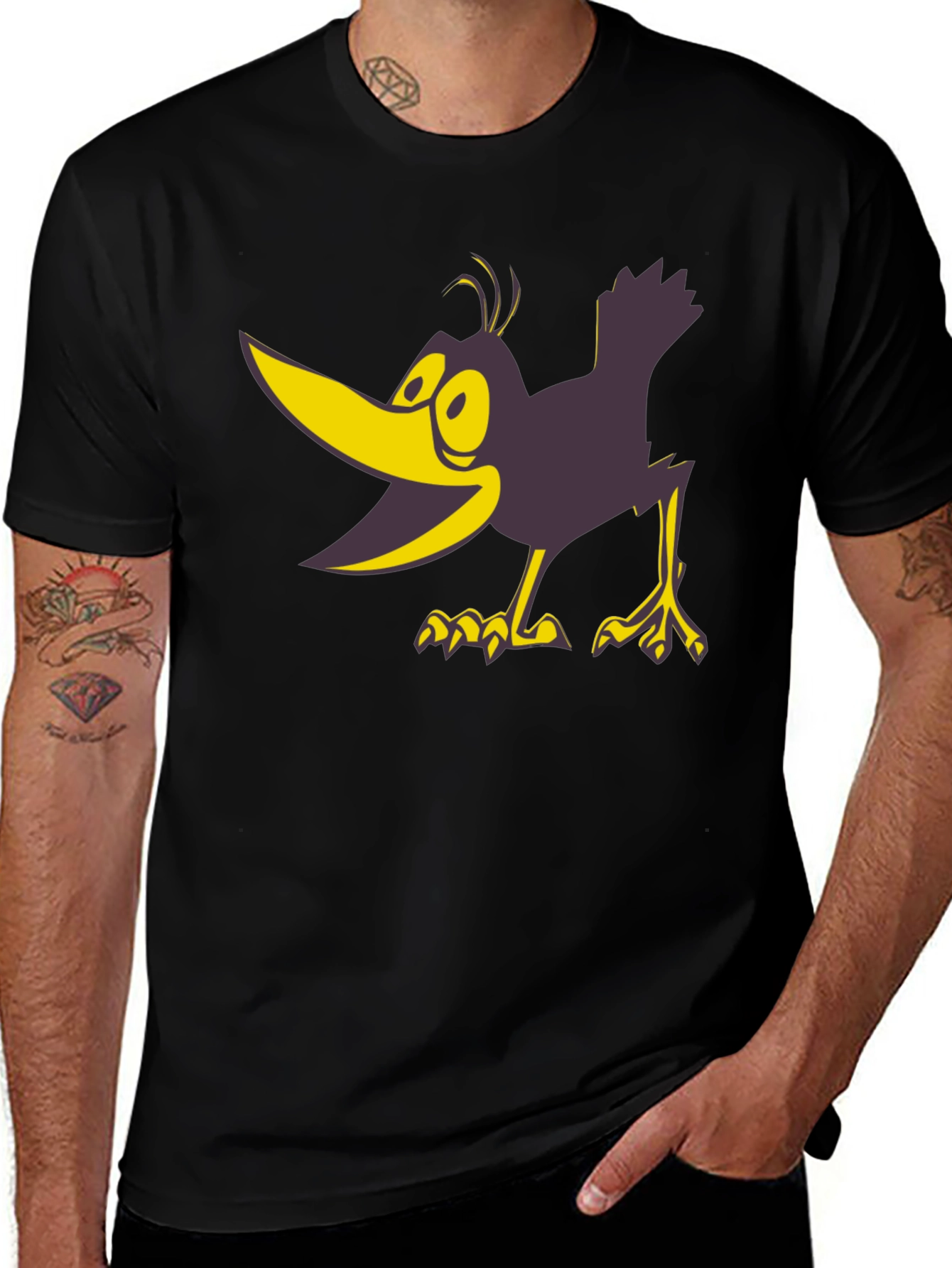 Cartoon Crow Graphic Tee - Bold Black Cotton T-Shirt