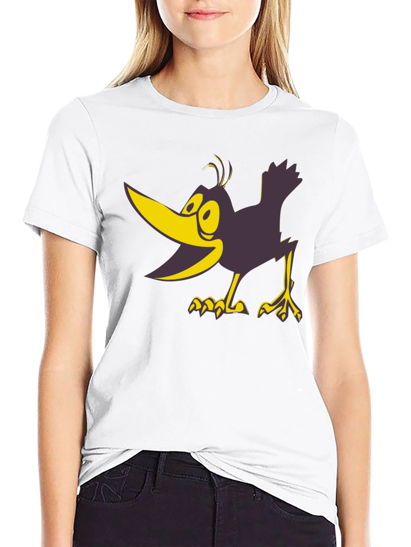 Cartoon Crow Graphic Tee - Bold Black Cotton T-Shirt