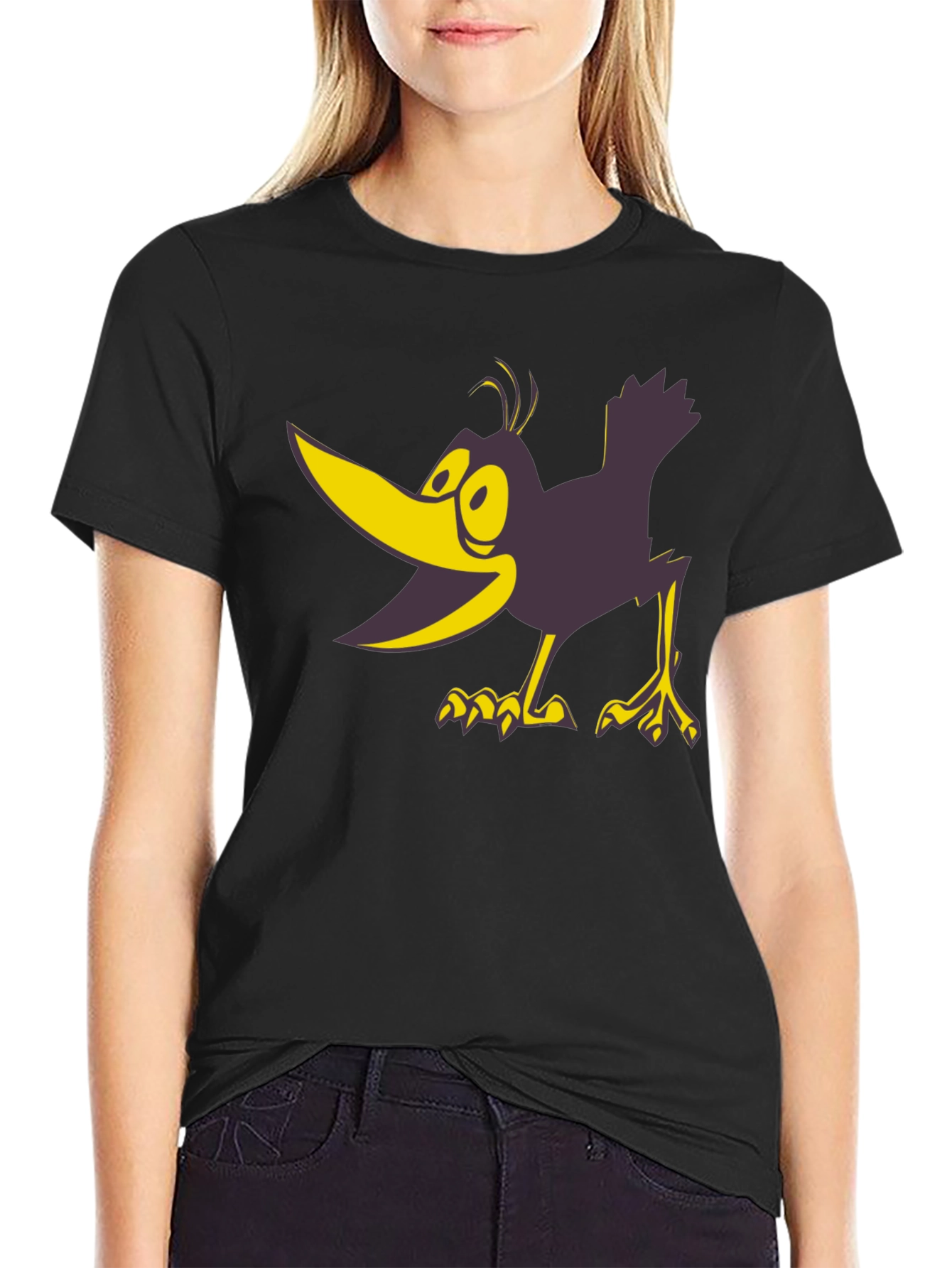 Cartoon Crow Graphic Tee - Bold Black Cotton T-Shirt