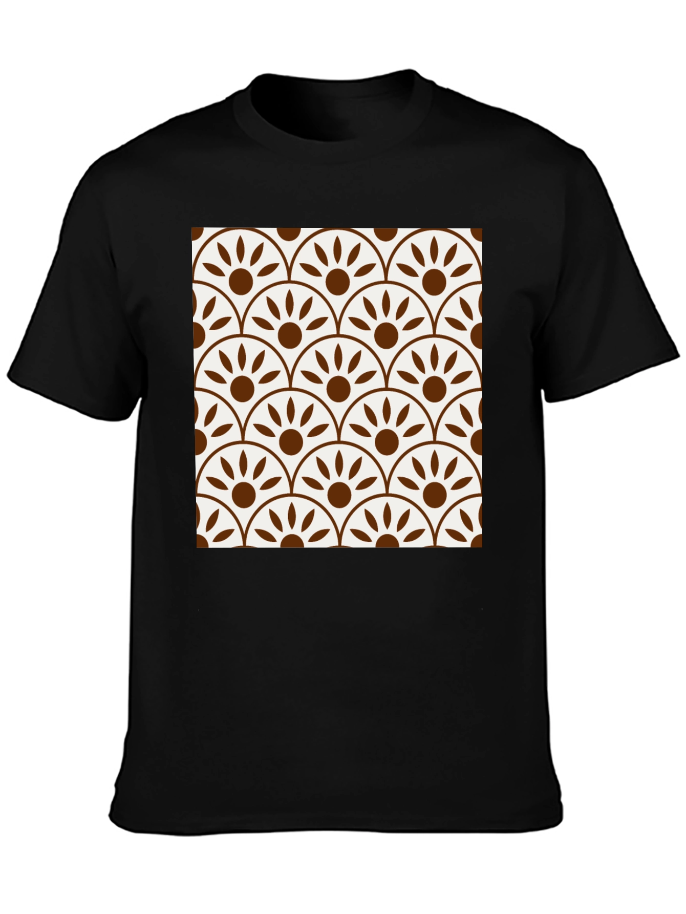 Stylish Black Tee with Retro Fan Pattern Design