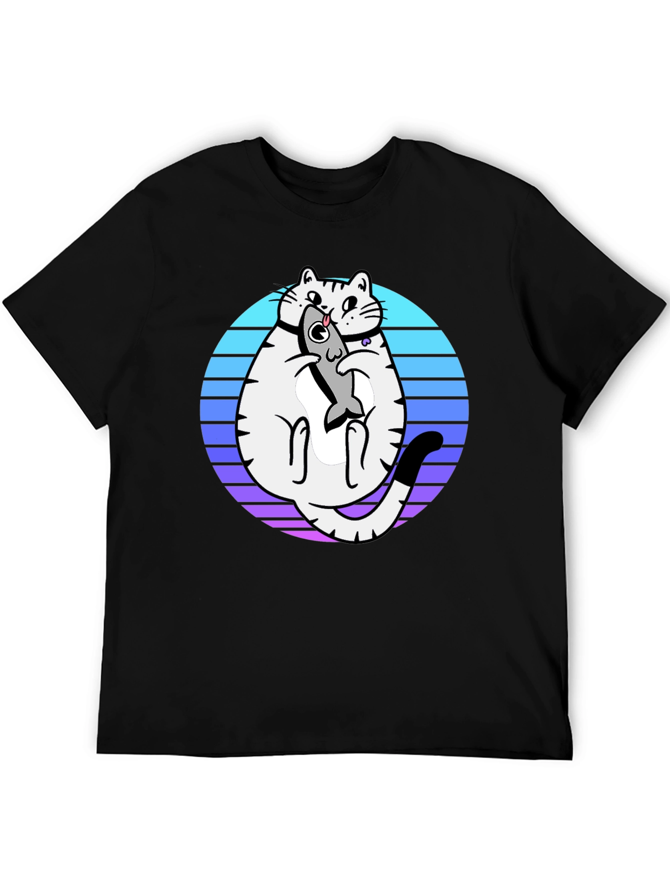Cat Holding Fish Graphic T-Shirt - Black