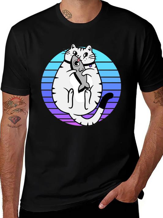 Cat Holding Fish Graphic T-Shirt - Black