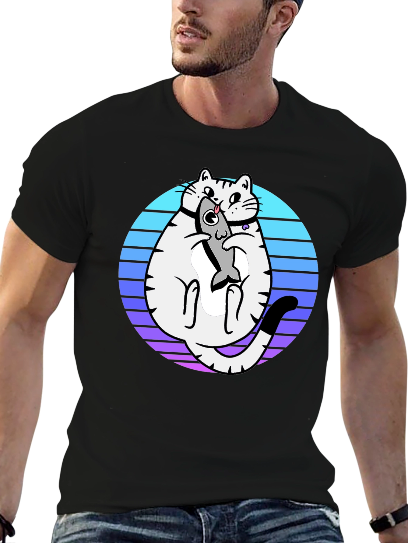 Cat Holding Fish Graphic T-Shirt - Black
