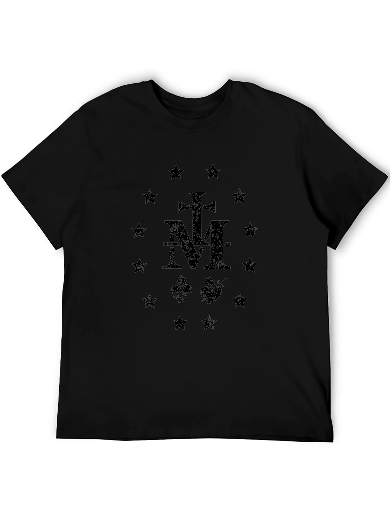Black Graphic T-Shirt: Cross M Hearts Stars Design
