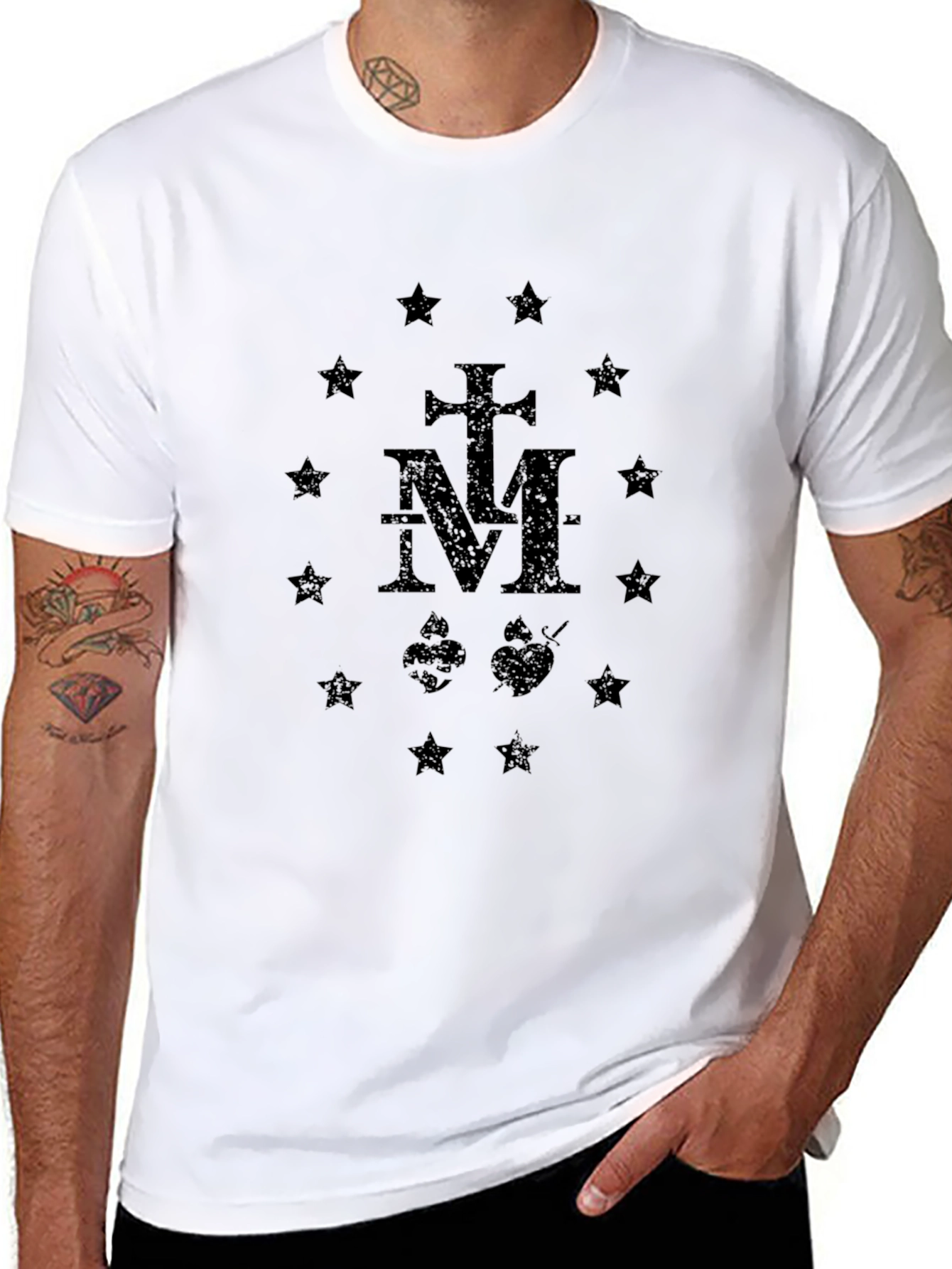 Black Graphic T-Shirt: Cross M Hearts Stars Design