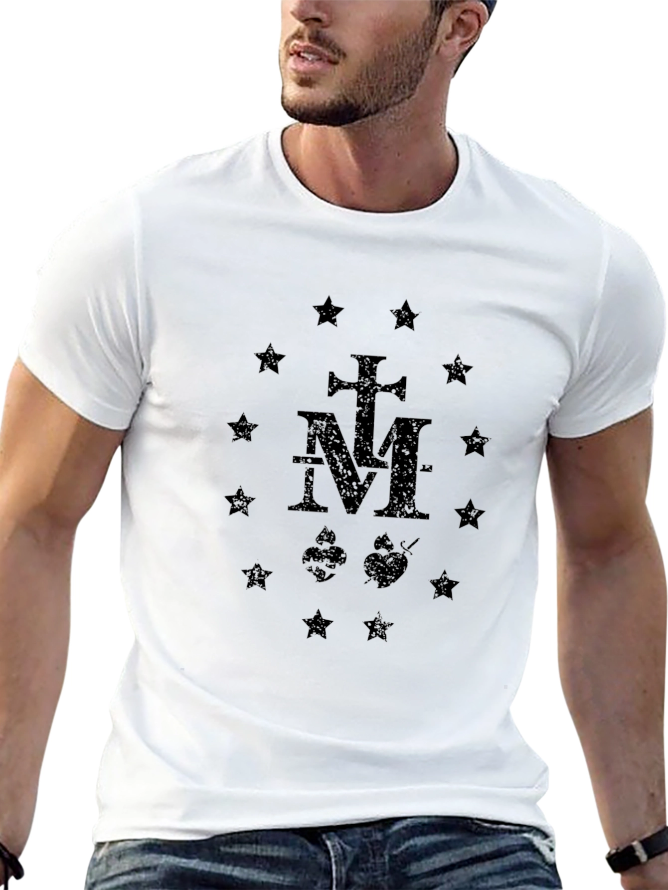 Black Graphic T-Shirt: Cross M Hearts Stars Design