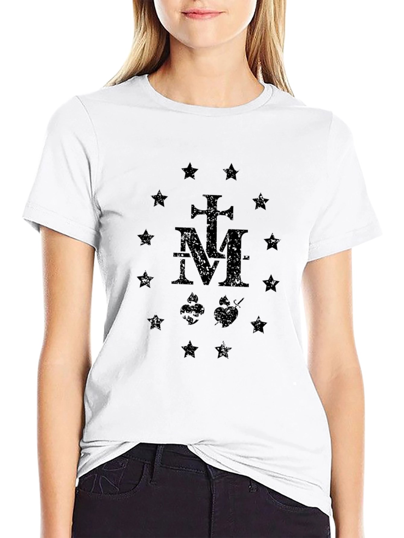 Black Graphic T-Shirt: Cross M Hearts Stars Design