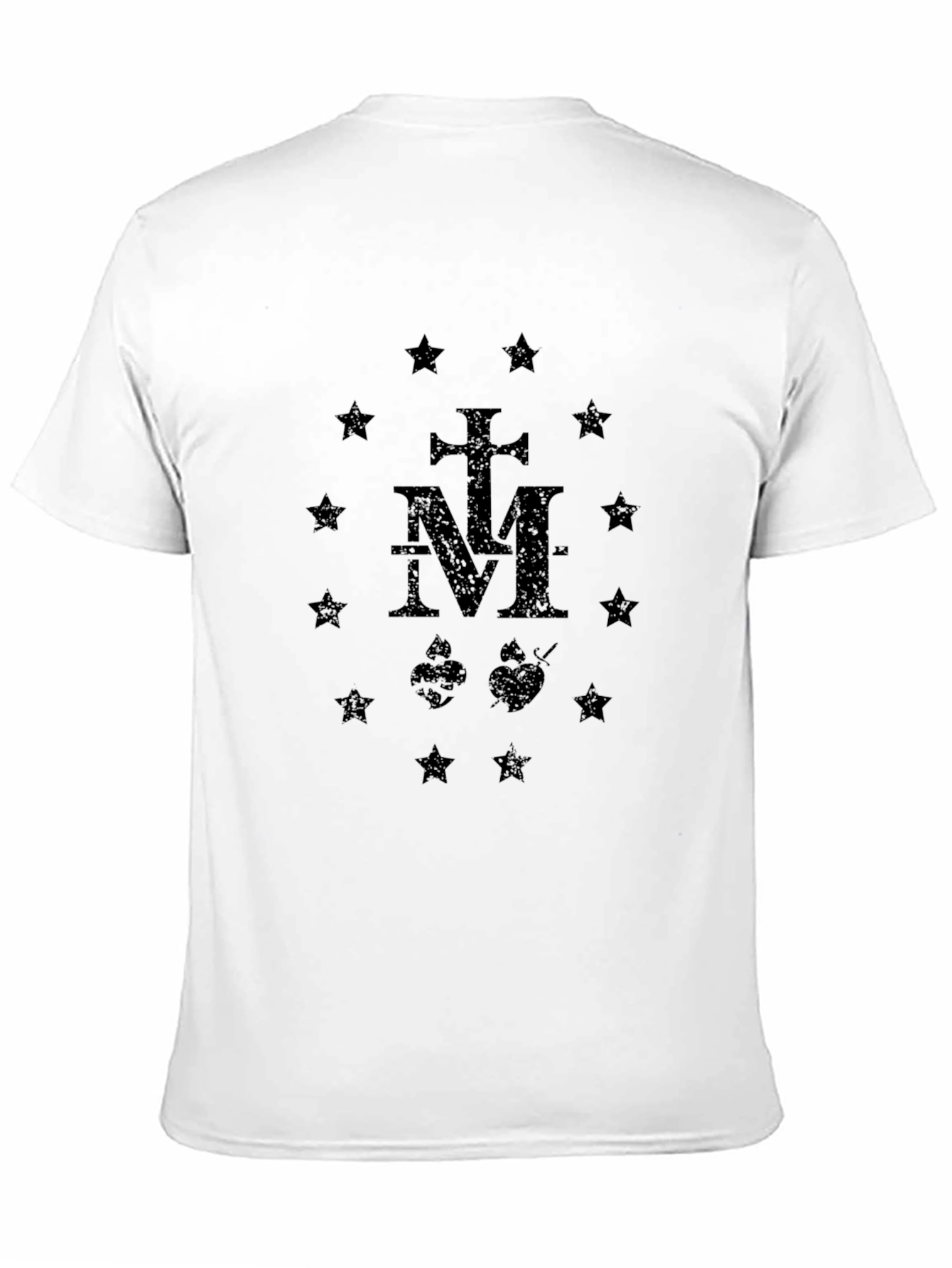 Black Graphic T-Shirt: Cross M Hearts Stars Design