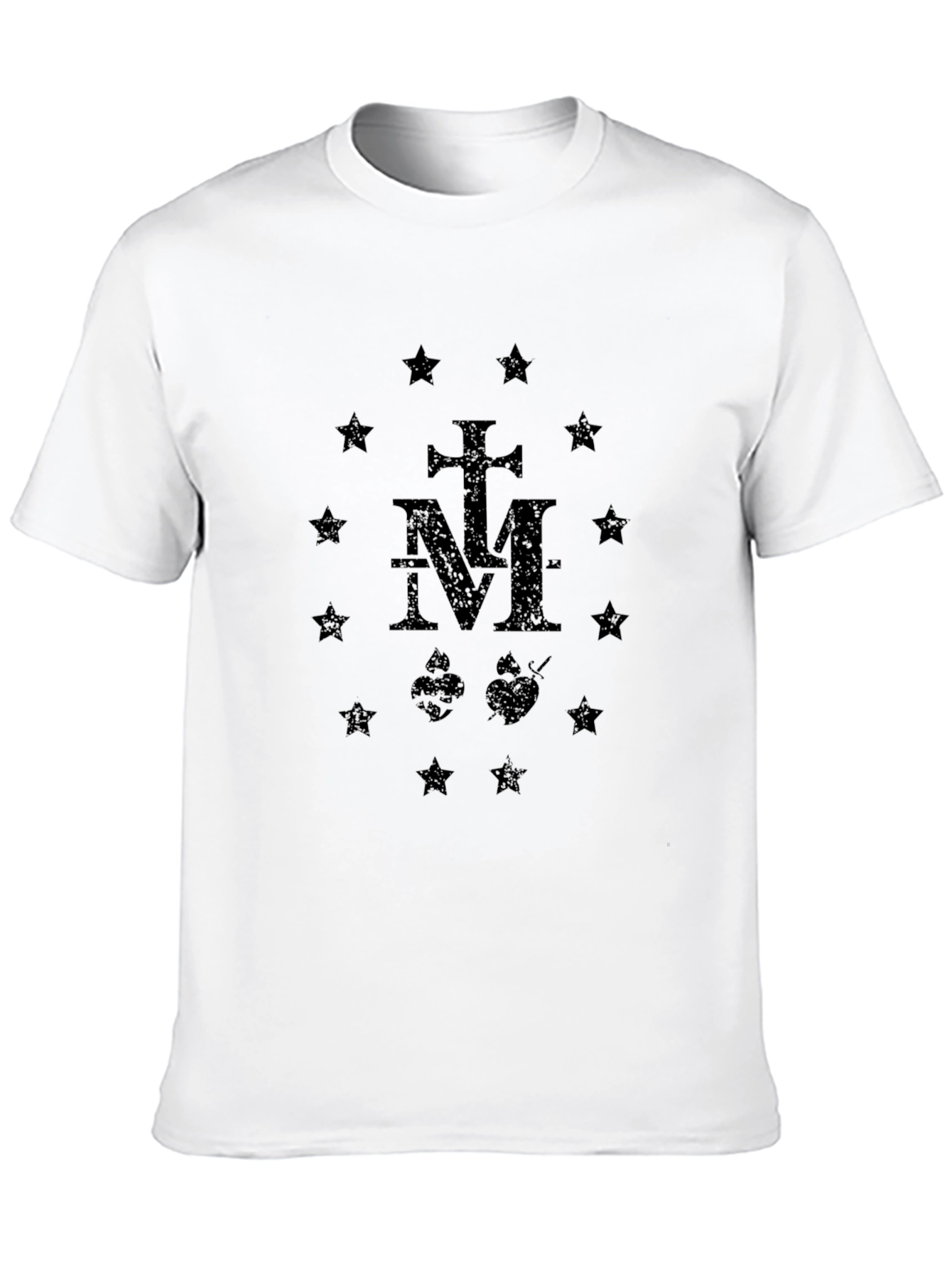 Black Graphic T-Shirt: Cross M Hearts Stars Design