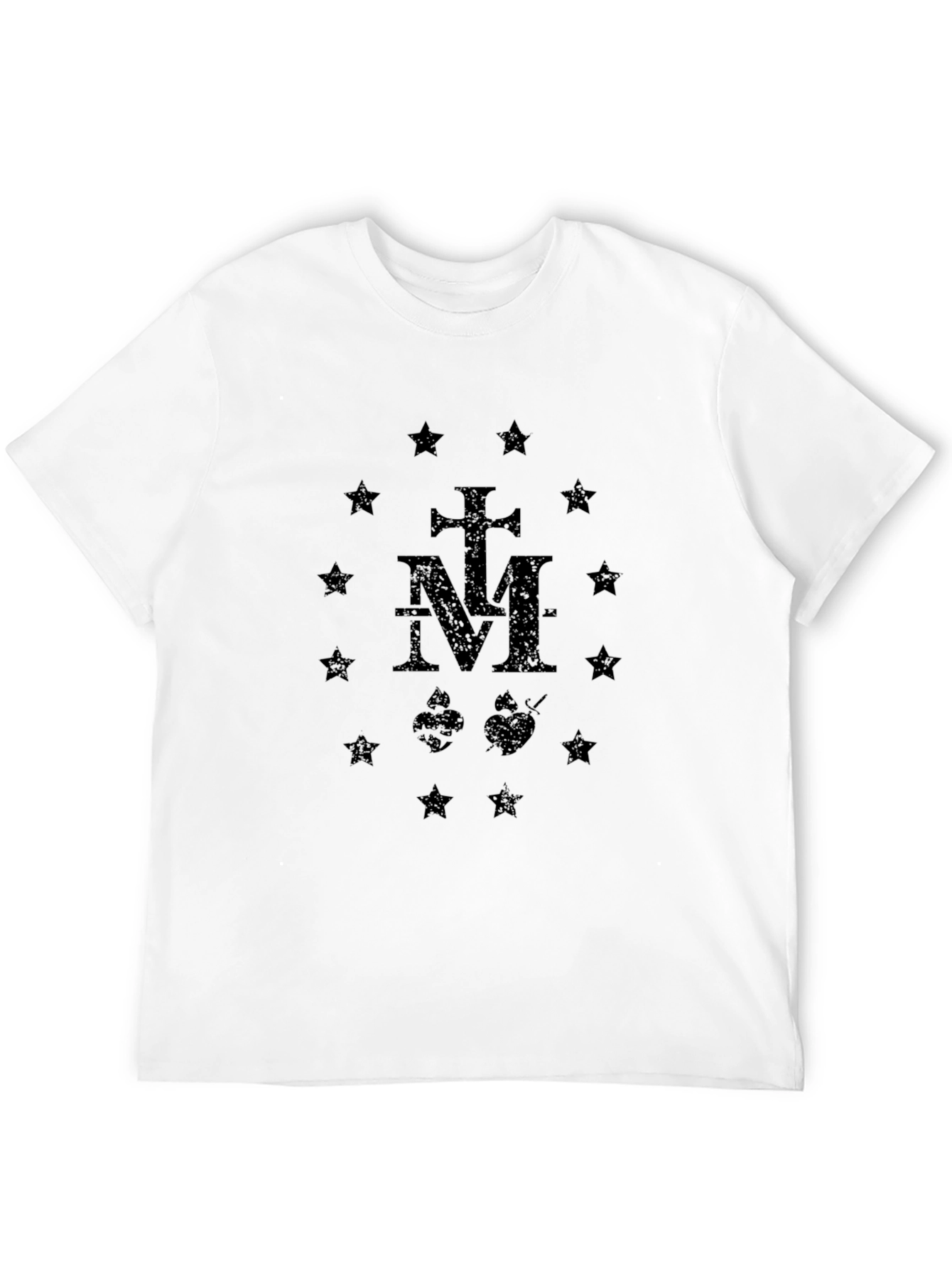 Black Graphic T-Shirt: Cross M Hearts Stars Design